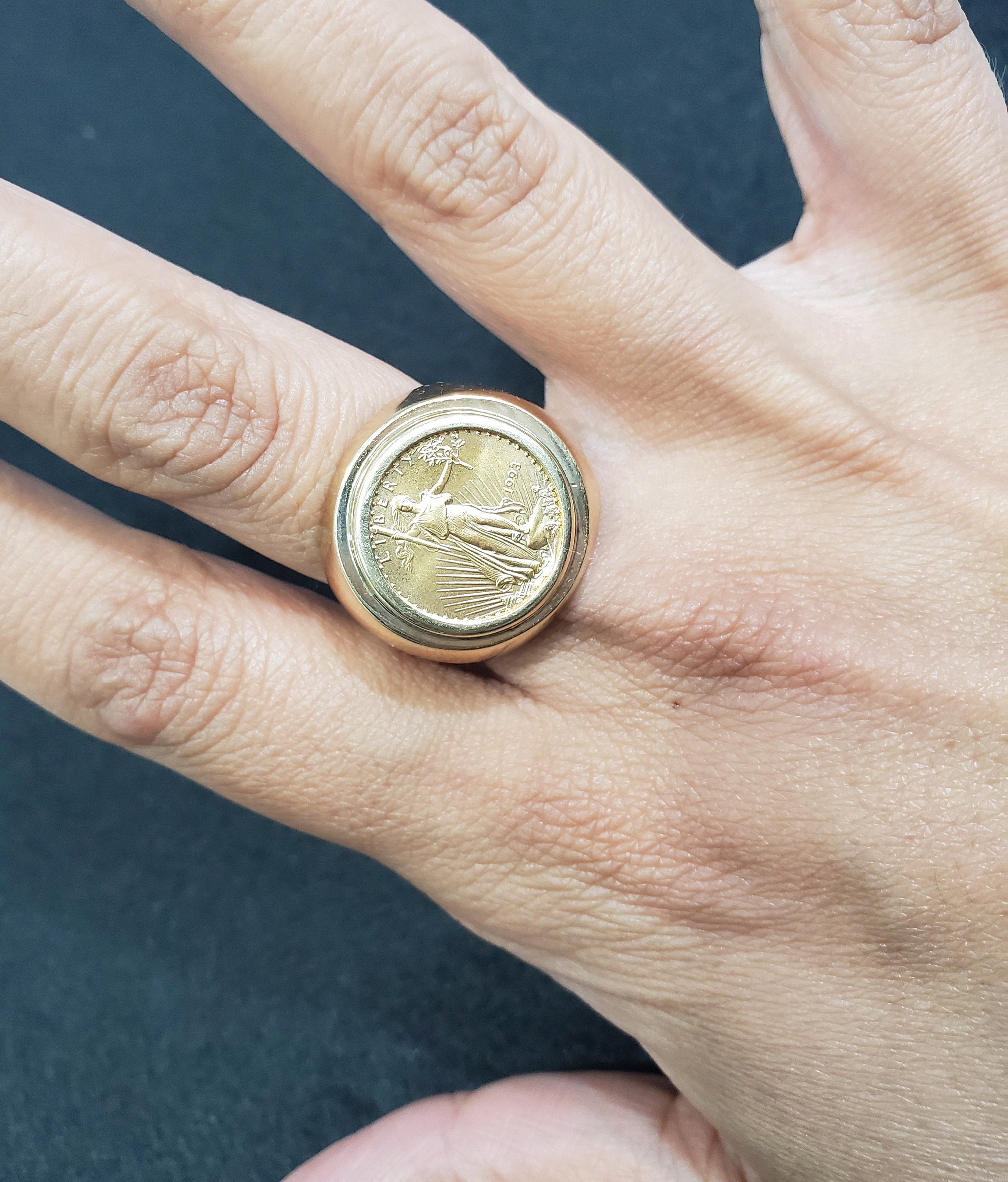 American Eagle 1/10 oz Gold Coin Ring with Unique Bark Texture - Perfect for Men's Jewelry, Gifts & Everyday Wear