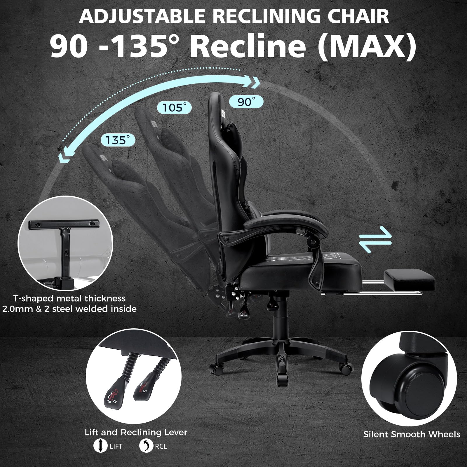 HOFFREE Ergonomic Gaming Chair with Bluetooth Speakers, Massage & Footrest - High Back Reclining Computer Chair for Adults - Perfect for Gaming, Office Work & Home Use - Black