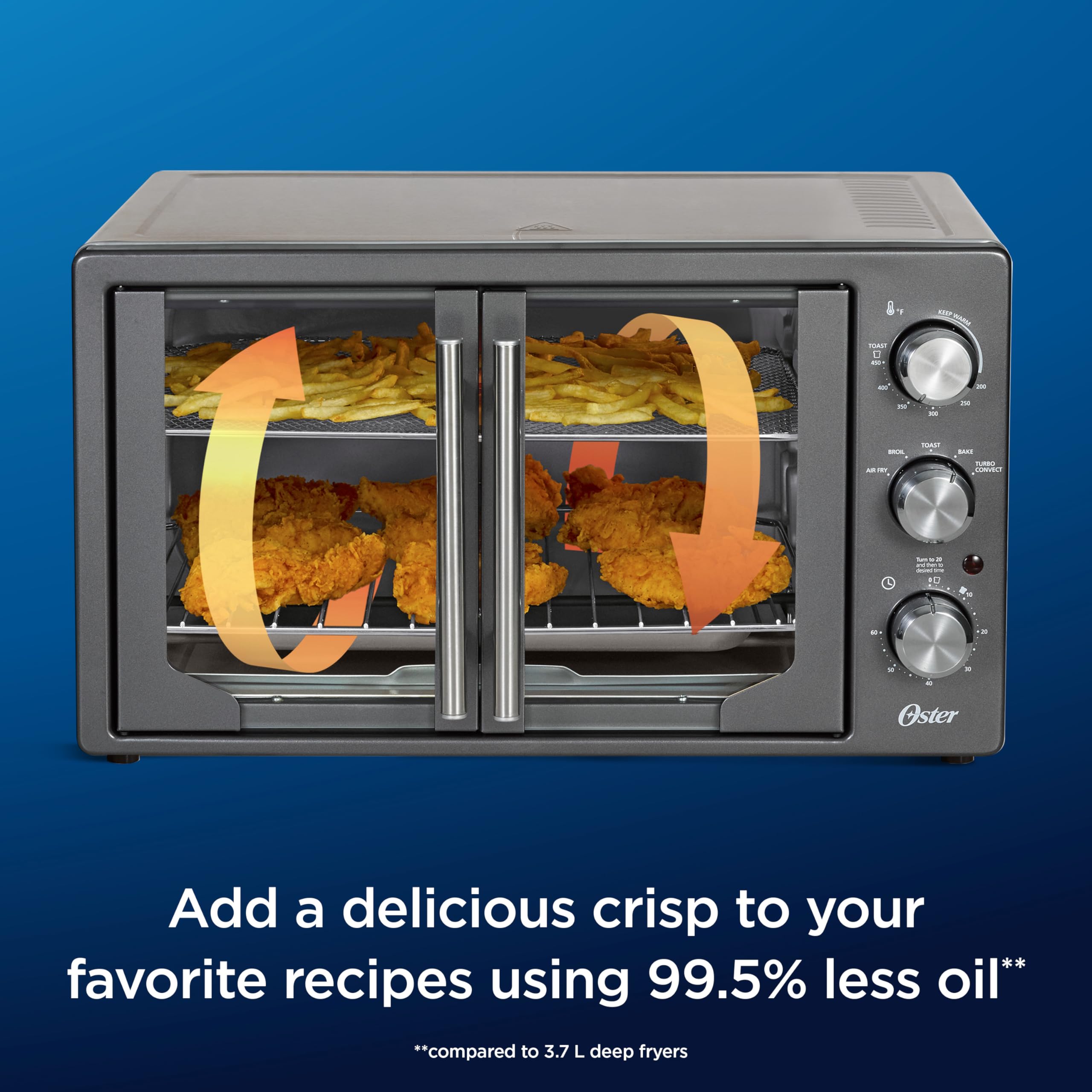 Oster Extra-Large French Door Air Fryer Countertop Oven - 10QT Stainless Steel with 60-Min Timer & 6 Cooking Functions | Energy Efficient Kitchen Appliance for Baking, Roasting, Toasting | Perfect for Small Families & Quick Meals
