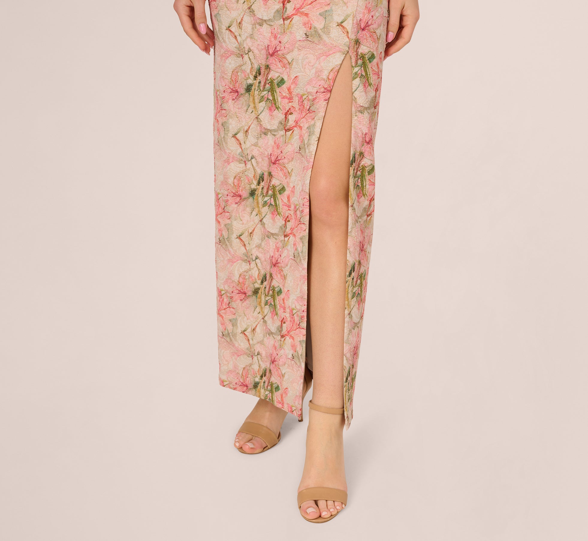 Elegant Sleeveless Metallic Floral Matelasse Gown in Coral Multi - Perfect for Evening Parties, Weddings & Special Occasions