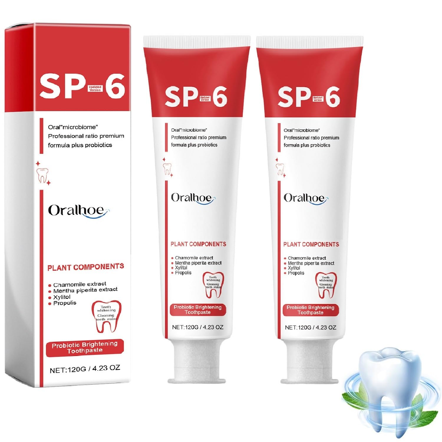 SP-6 Probiotic Whitening Toothpaste - Fluoride-Free, Stain Removing, Fresh Mint Flavor for Fresh Breath & Teeth Health (2 Pack) - Perfect for Daily Oral Care & Bright Smile Maintenance