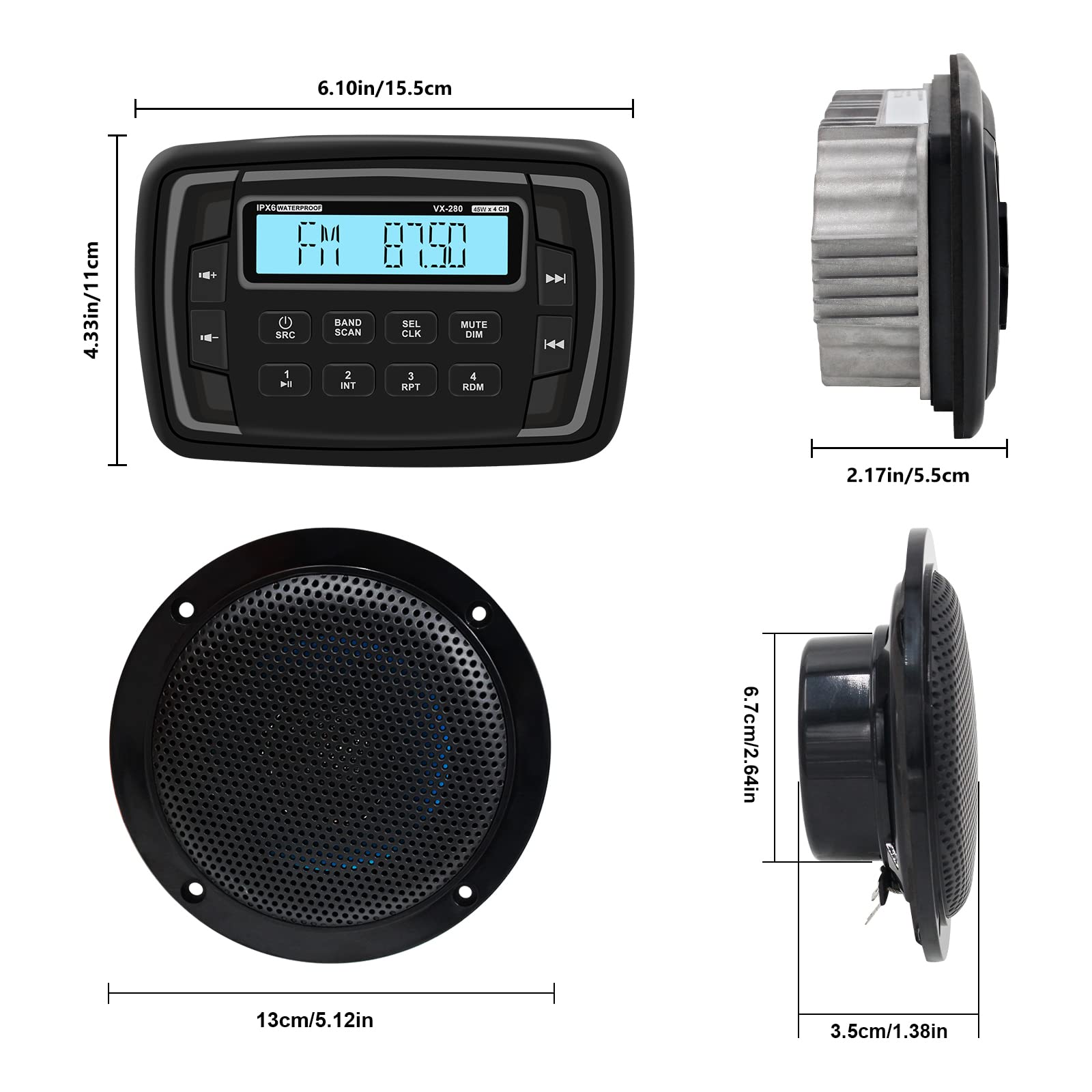 Herdio Waterproof Marine Radio Set - AM/FM Stereo Receiver with 4