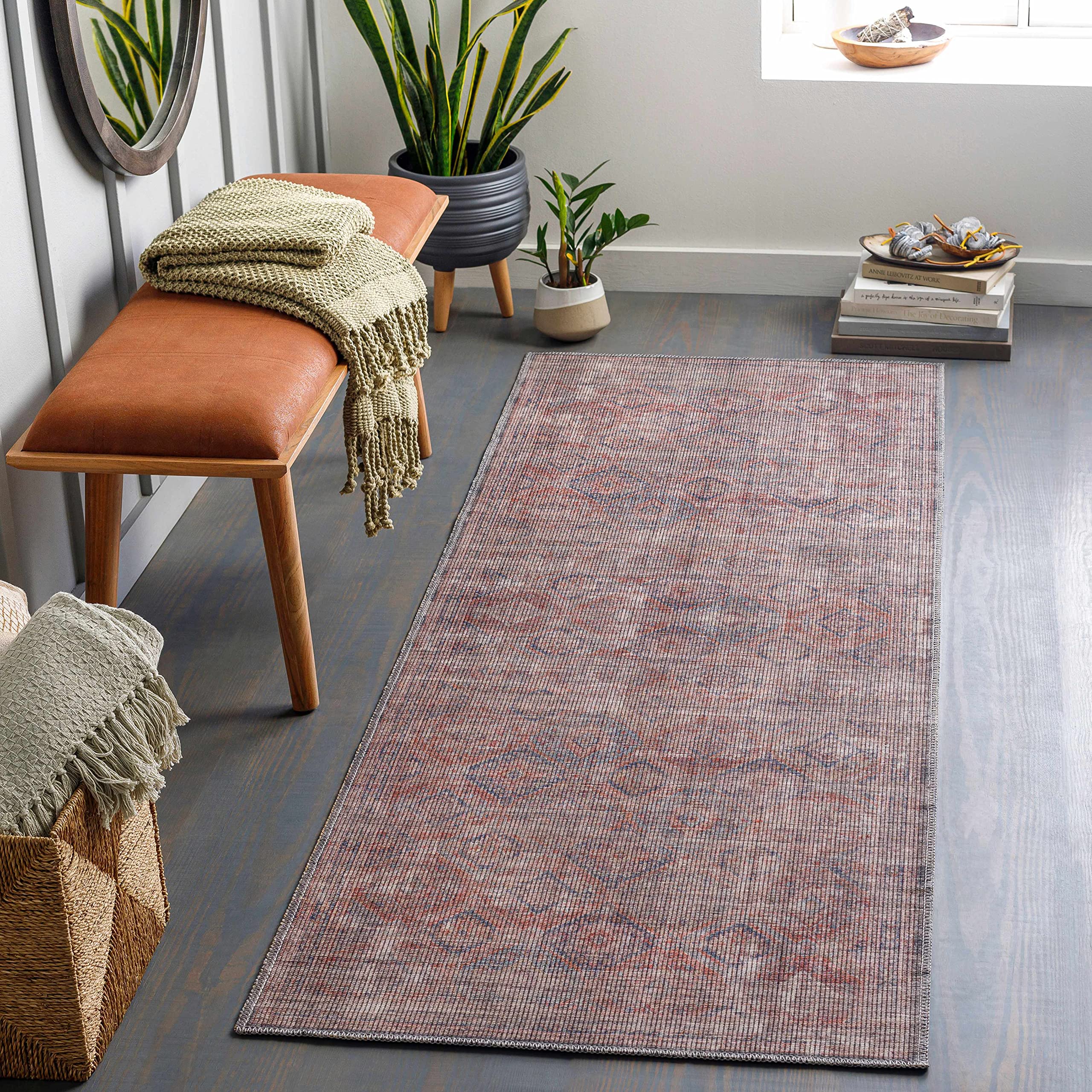 Hauteloom Mayantoc Machine Washable Area Rug - Traditional Design in Navy, Rust, Peach - 6'7