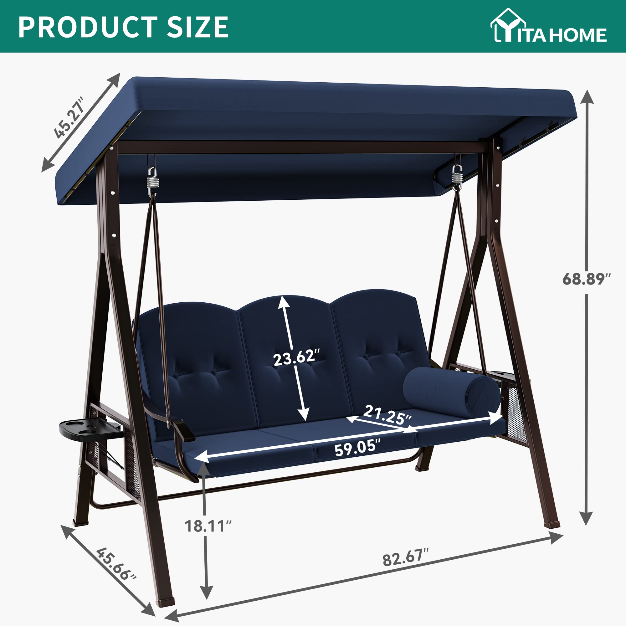 YITAHOME 3-Seat Heavy Duty Outdoor Porch Swing with Adjustable Canopy & Removable Cushions - Weather Resistant Steel Frame Patio Swing Chair for Garden, Backyard, Balcony, Deck (Navy Blue) - Perfect for Relaxing, Lounging & Enjoying Summer Breezes
