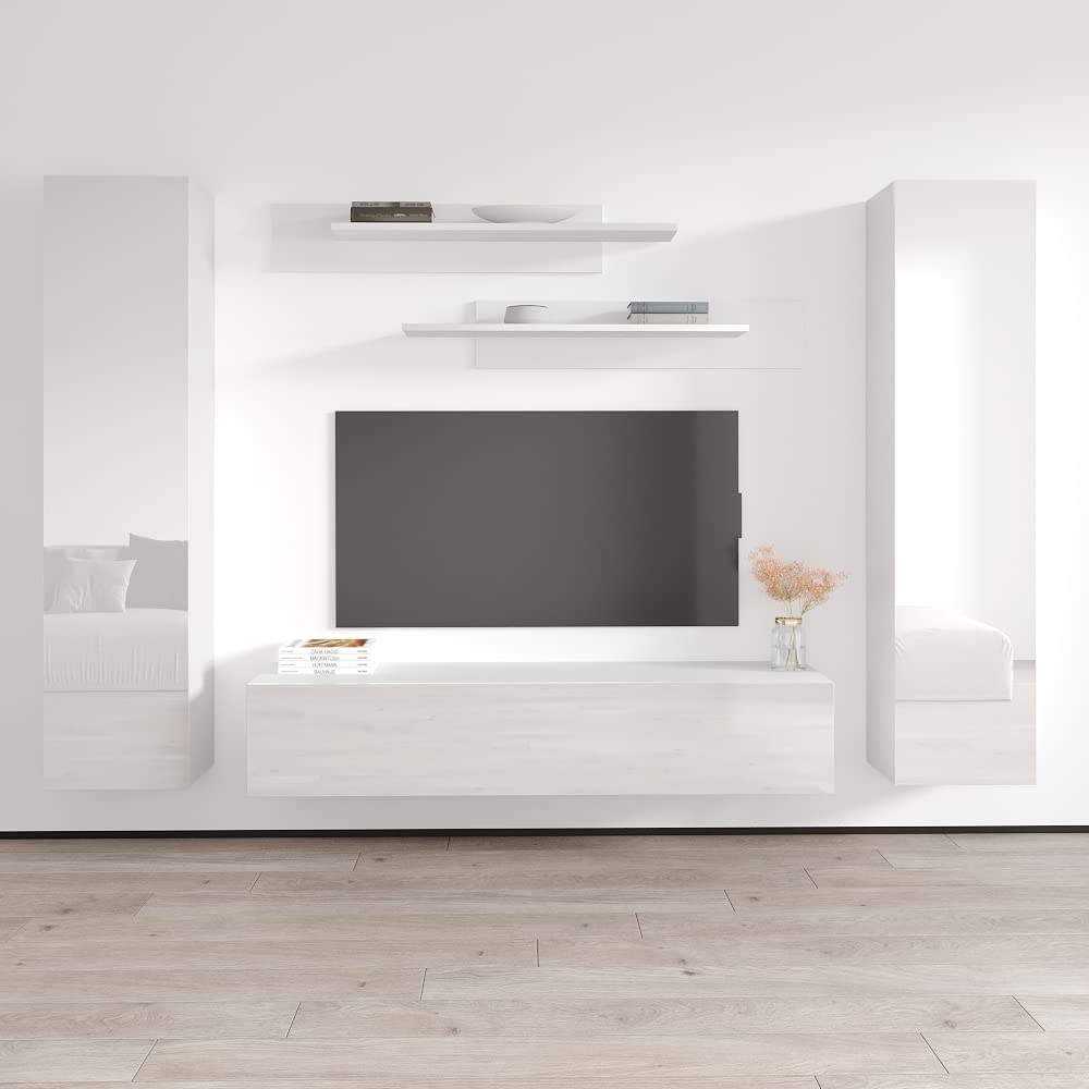 Modern Floating TV Stand with Storage & LED Lights - Wall-Mounted Entertainment Center Console for Bedroom & Living Room - White Meble Furniture Fly AB1 30