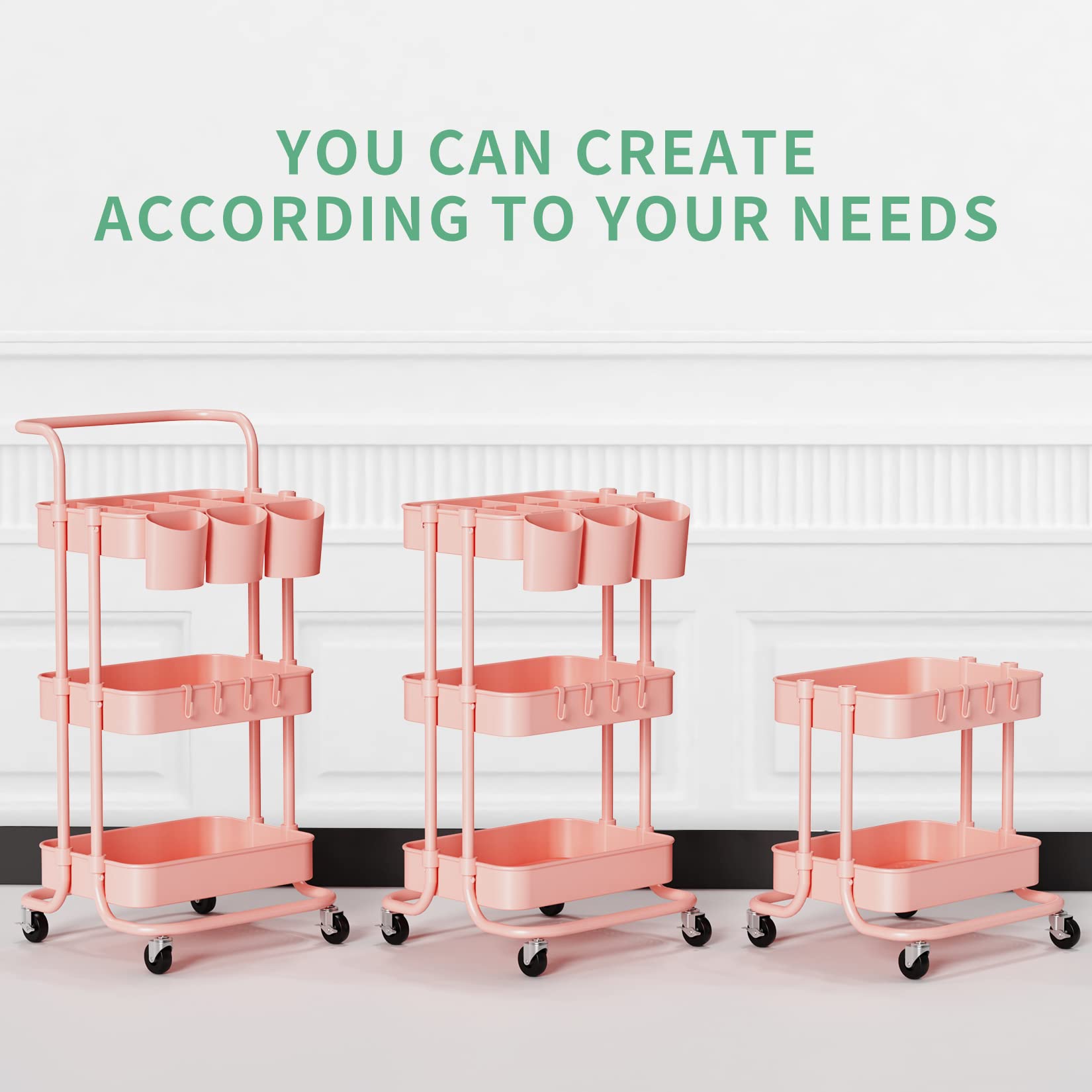 ALVOROG 3-Tier Rolling Utility Cart with Wheels - Mobile Storage Organizer with Hanging Cups for Kitchen, Office, Coffee Bar, Salon & Bathroom - Pink Multi-Purpose Service Cart for Home & Commercial Use