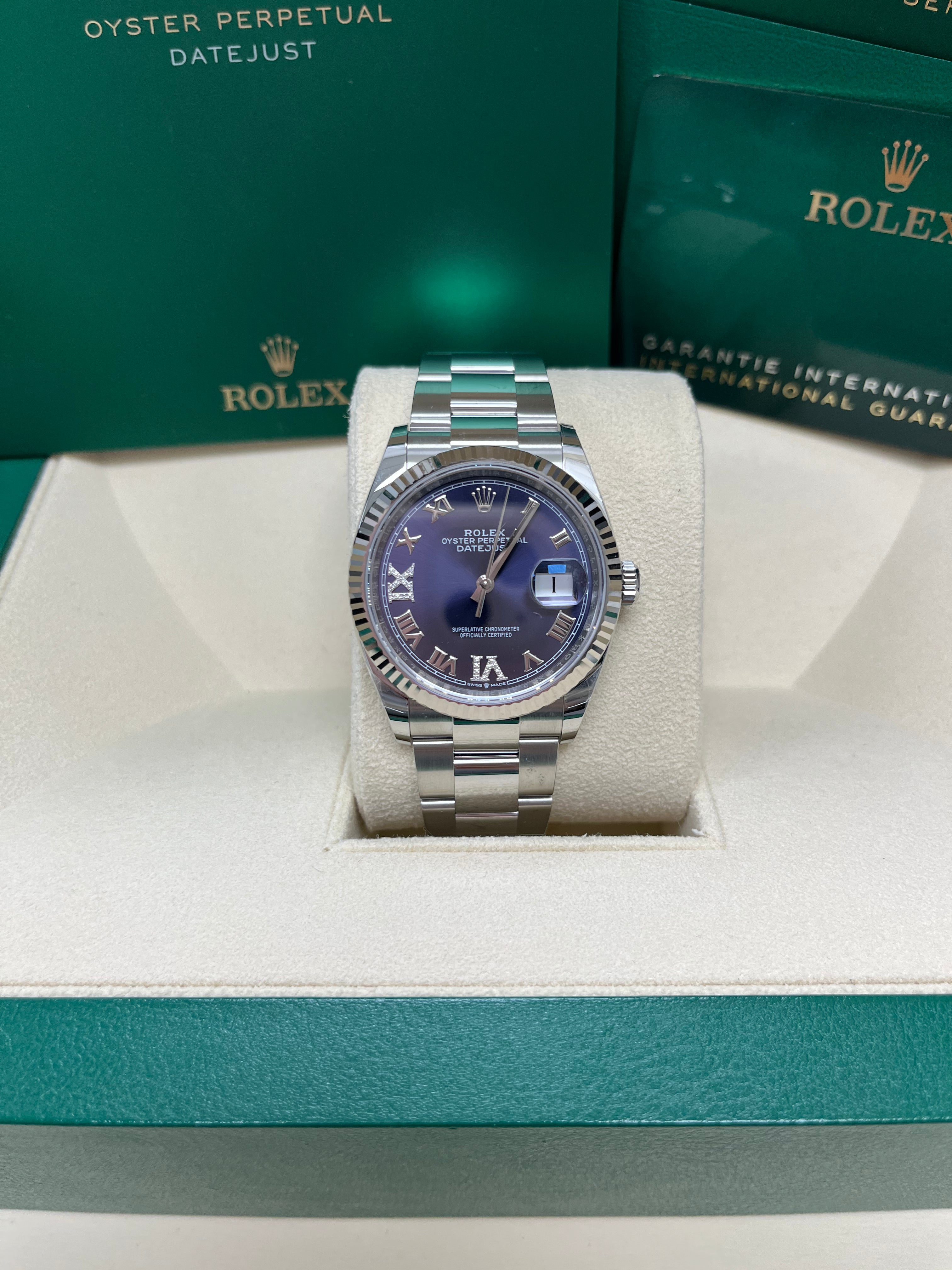 Rolex Datejust 36 Watch - Fluted Bezel, Aubergine Purple Dial with Diamond Roman VI & IX Markers, Oyster Bracelet (Ref# 126234) | Luxury Timepiece for Men & Women, Perfect for Business, Formal Events & Special Occasions