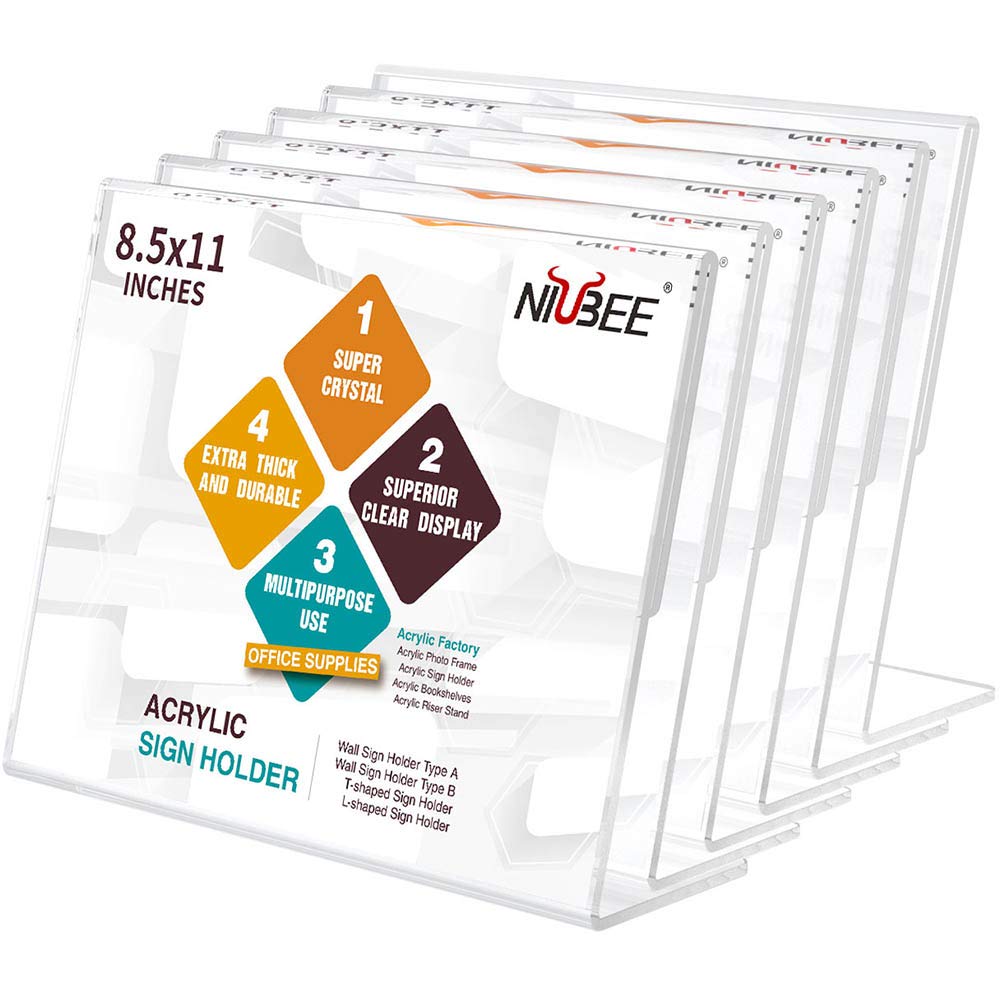 NIUBEE 8.5x11 Inches Acrylic Sign Holder 6 Pack - Clear Horizontal Plastic Document Frames with Slant Back for Flyers, Menus & Office Displays | Perfect for Restaurants, Retail Stores & Business Signage