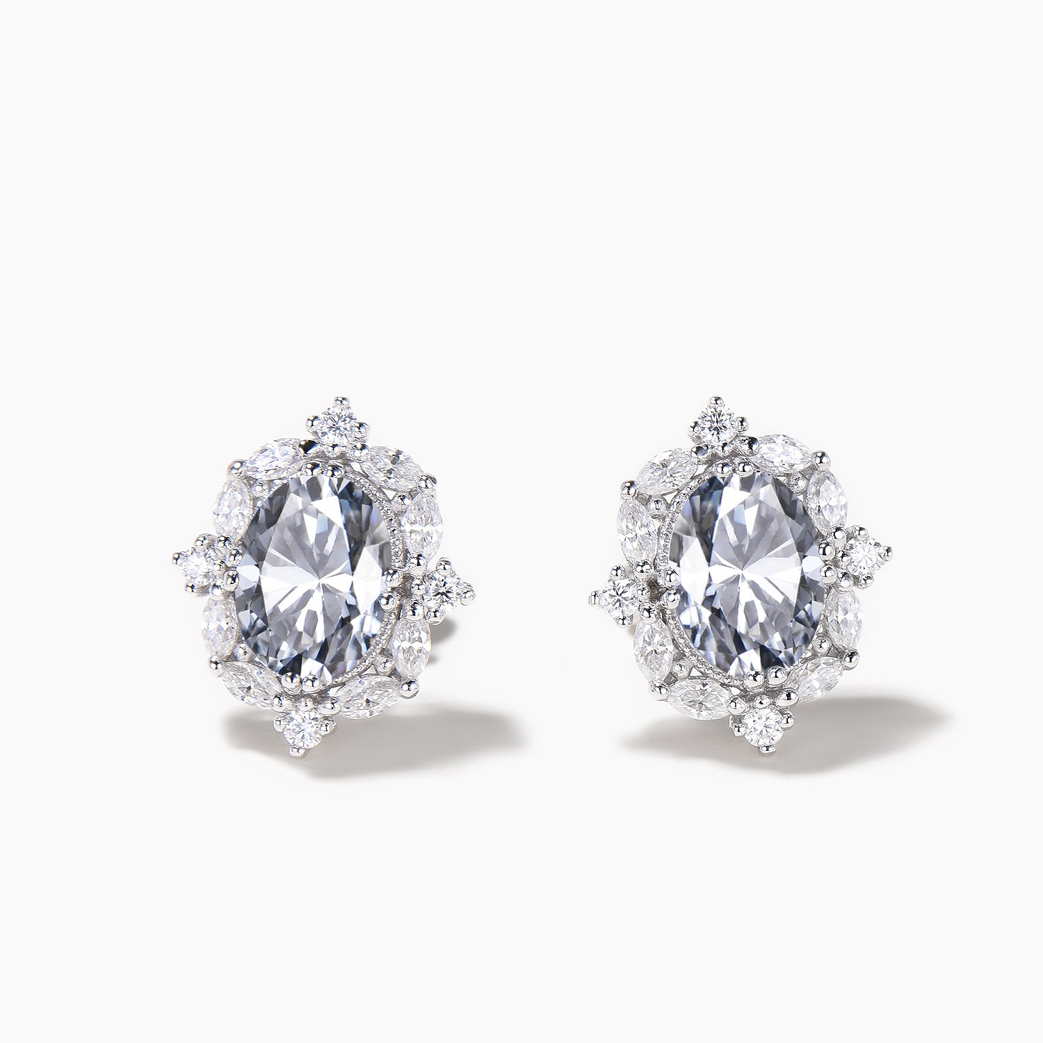 Oval Cut Moissanite Stud Earrings with Marquise Halo in 14K White Gold - Elegant Wedding, Anniversary & Gift Jewelry for Women