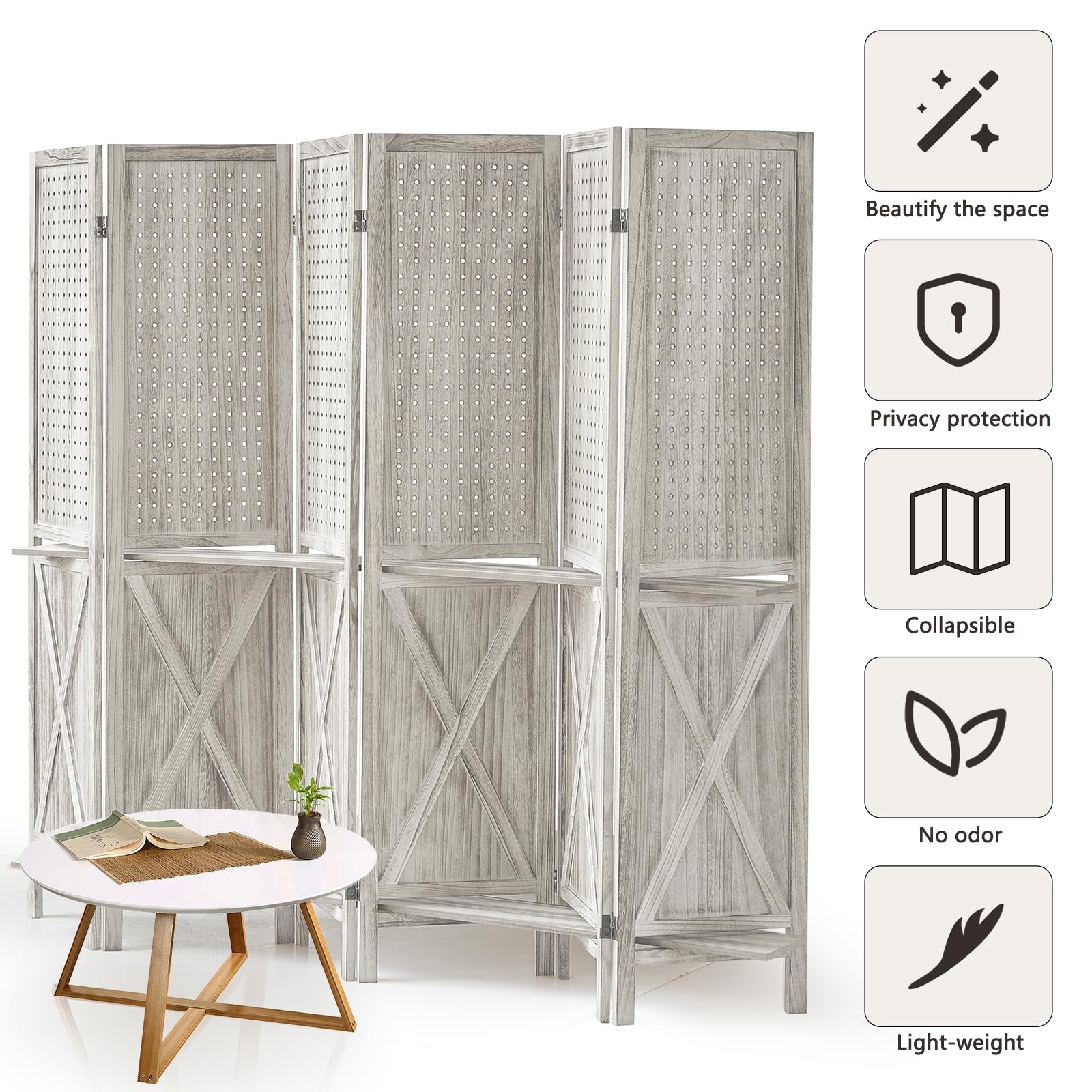 6 Panel Wood Room Divider with Shelves - Foldable Privacy Screen & Pegboard Display - Portable Partition Wall for Home, Office, Store (Off White) - Perfect for Space Division, Room Organization & Retail Displays