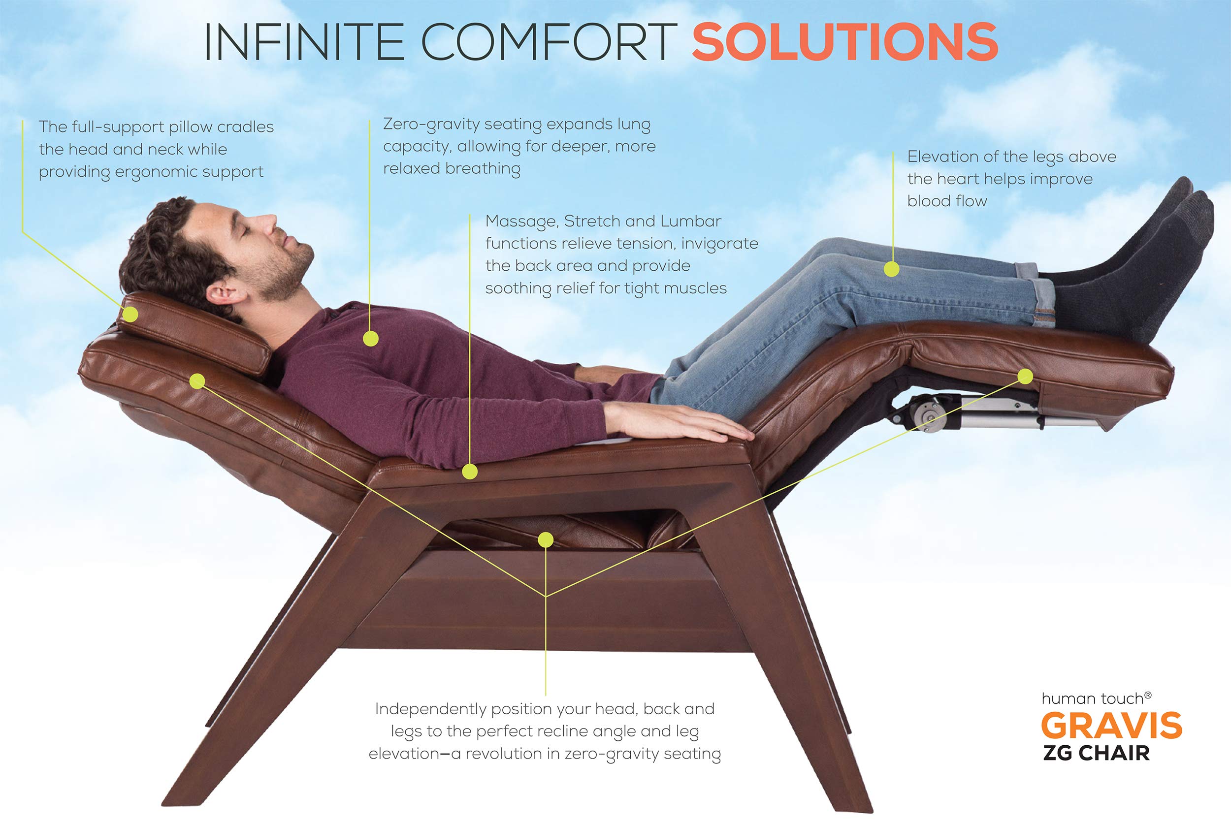 Human Touch Gravis ZG Zero Gravity Leather Massage Chair with Air Massage & Heat Therapy - Premium Beech Wood Frame & Genuine Bone Leather - Perfect for Home, Office & Relaxation Spaces