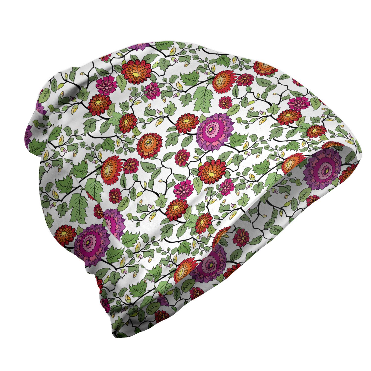 Ambesonne Unisex Beanie - Floral Garden Design for Men & Women - Warm Knit Hat for Hiking, Outdoor Activities & Winter Fashion