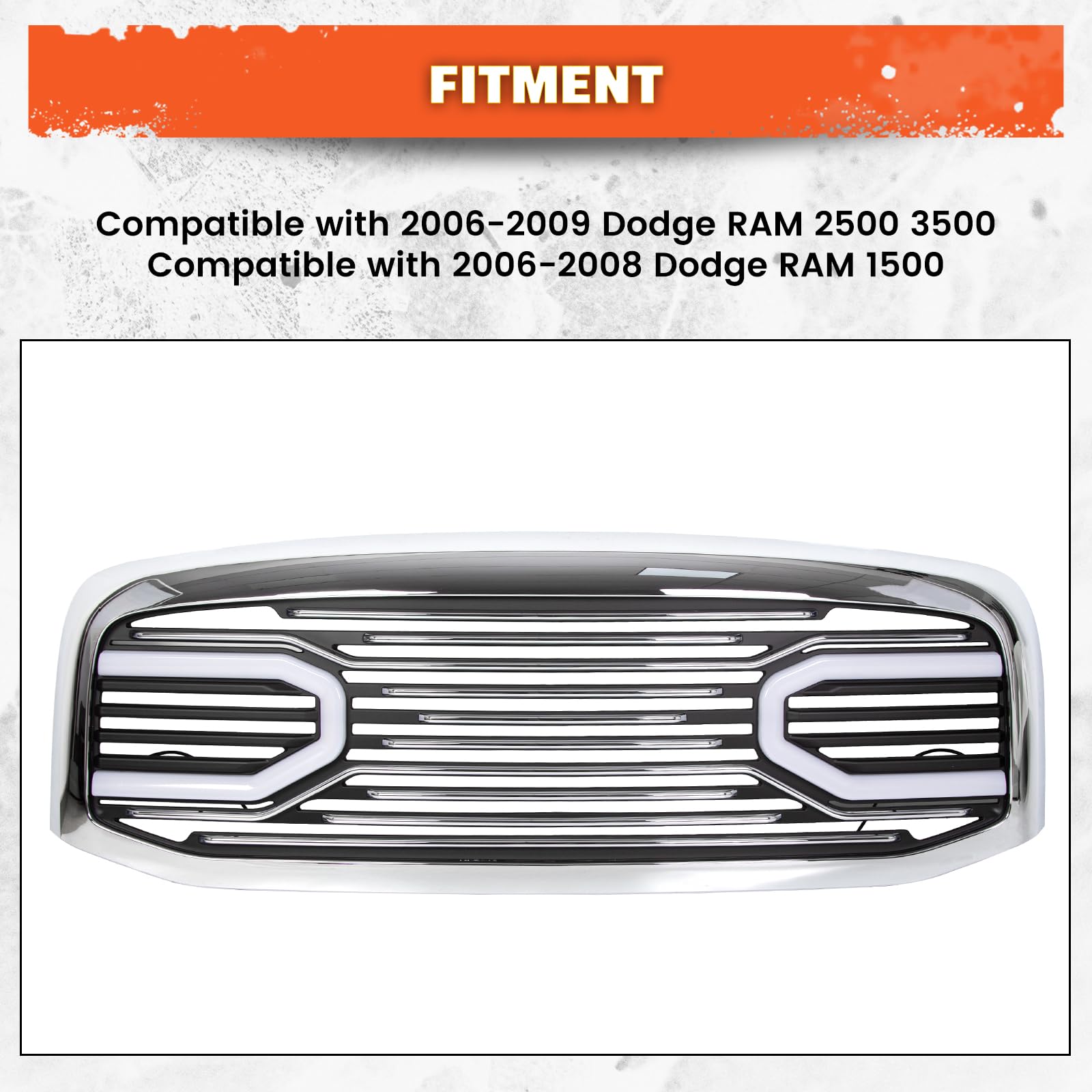 ECOTRIC Chrome Front Horn Grille with LED Light Compatible for 2006-2009 Dodge RAM 2500/3500 & 2006-2008 RAM 1500 - Replacement Shell for Off-Road & Truck Customization