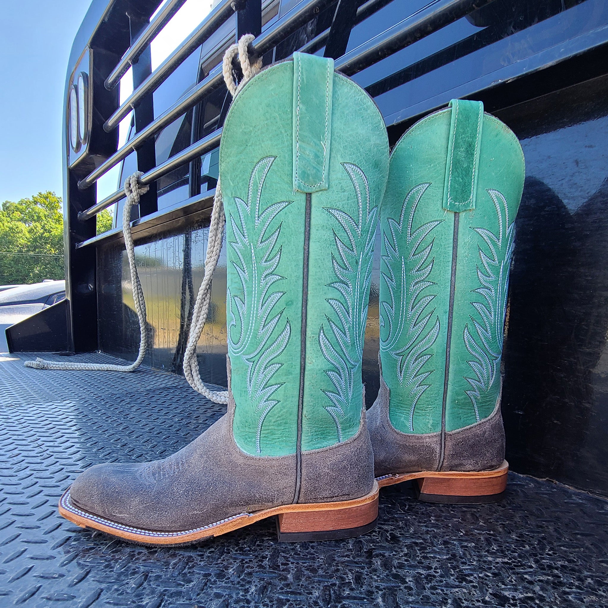 Anderson Bean Women's Stone & Mint Kudu Leather Square Toe Cowboy Boots - Perfect for Western Rides, Country Dancing & Fashion Outfits