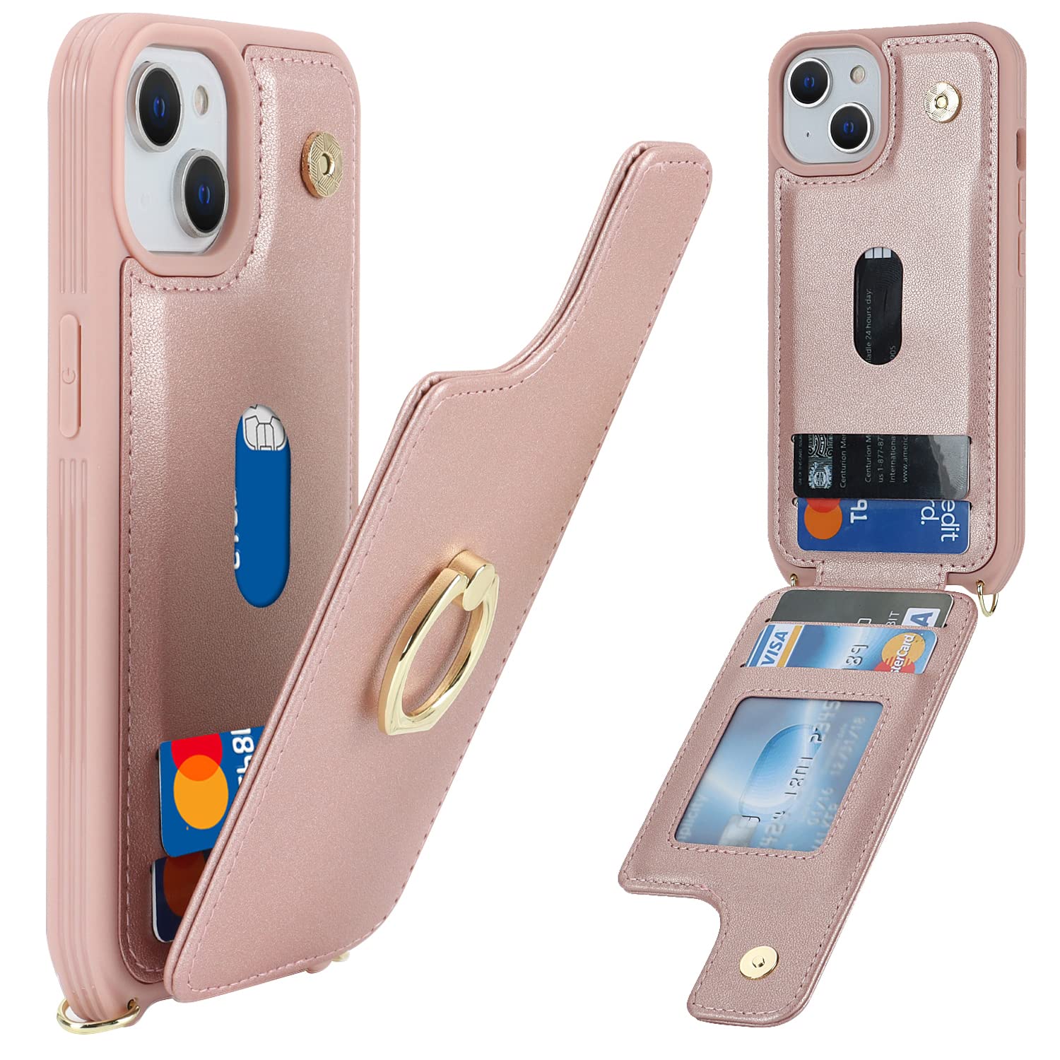 iPhone 15 Wallet Case with Card Holder & Wrist Strap - 6.1 Inch Rose Gold Phone Cover with Crossbody Lanyard, Ring Stand & Snap Closure | Perfect for Women's Everyday Use, Shopping & Travel Accessories