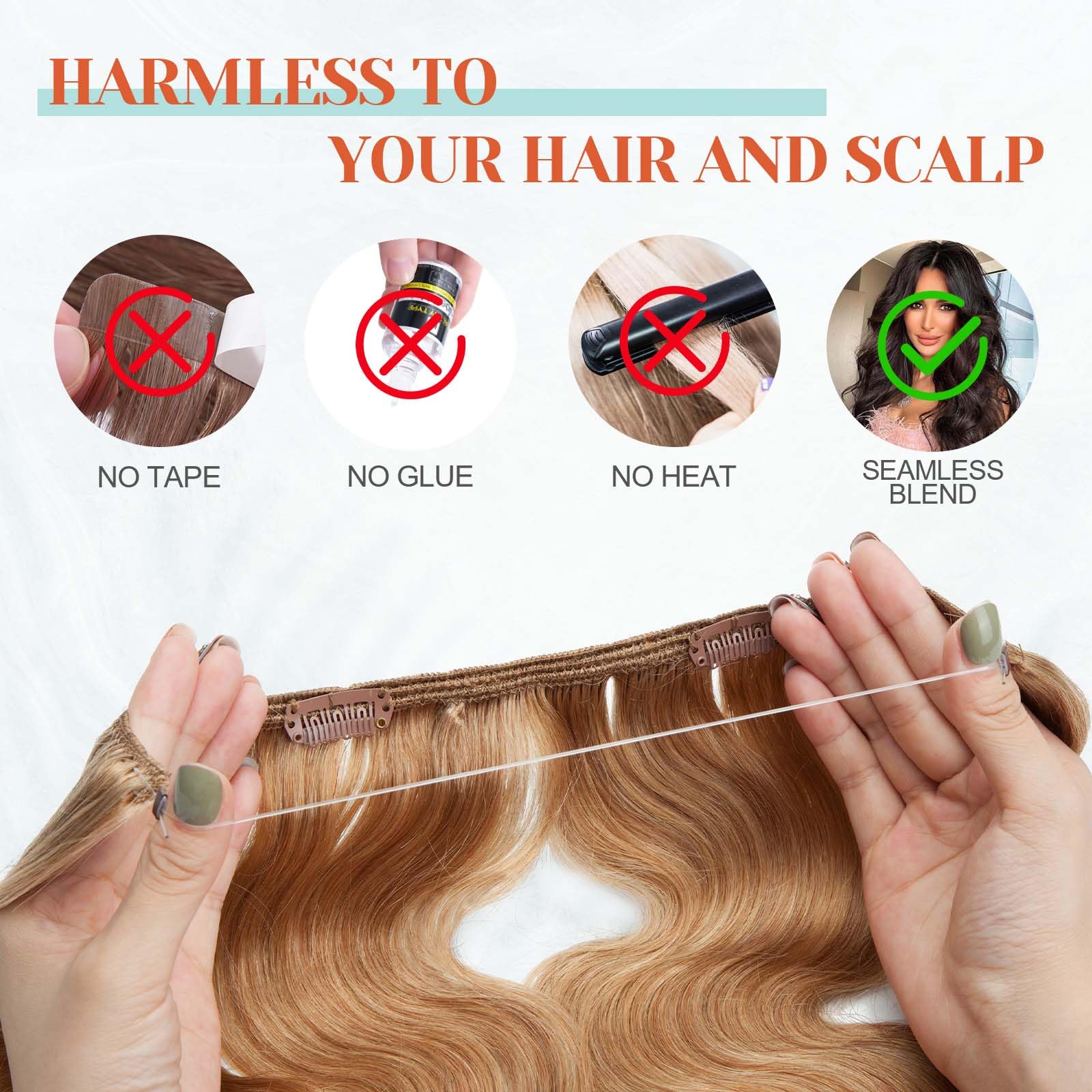 Benehair 100% Real Human Hair Halo Extensions - 18 Inch Dark Blonde Wavy & Curly Hair Extensions (65g) | Natural Look for Weddings, Parties & Everyday Styling