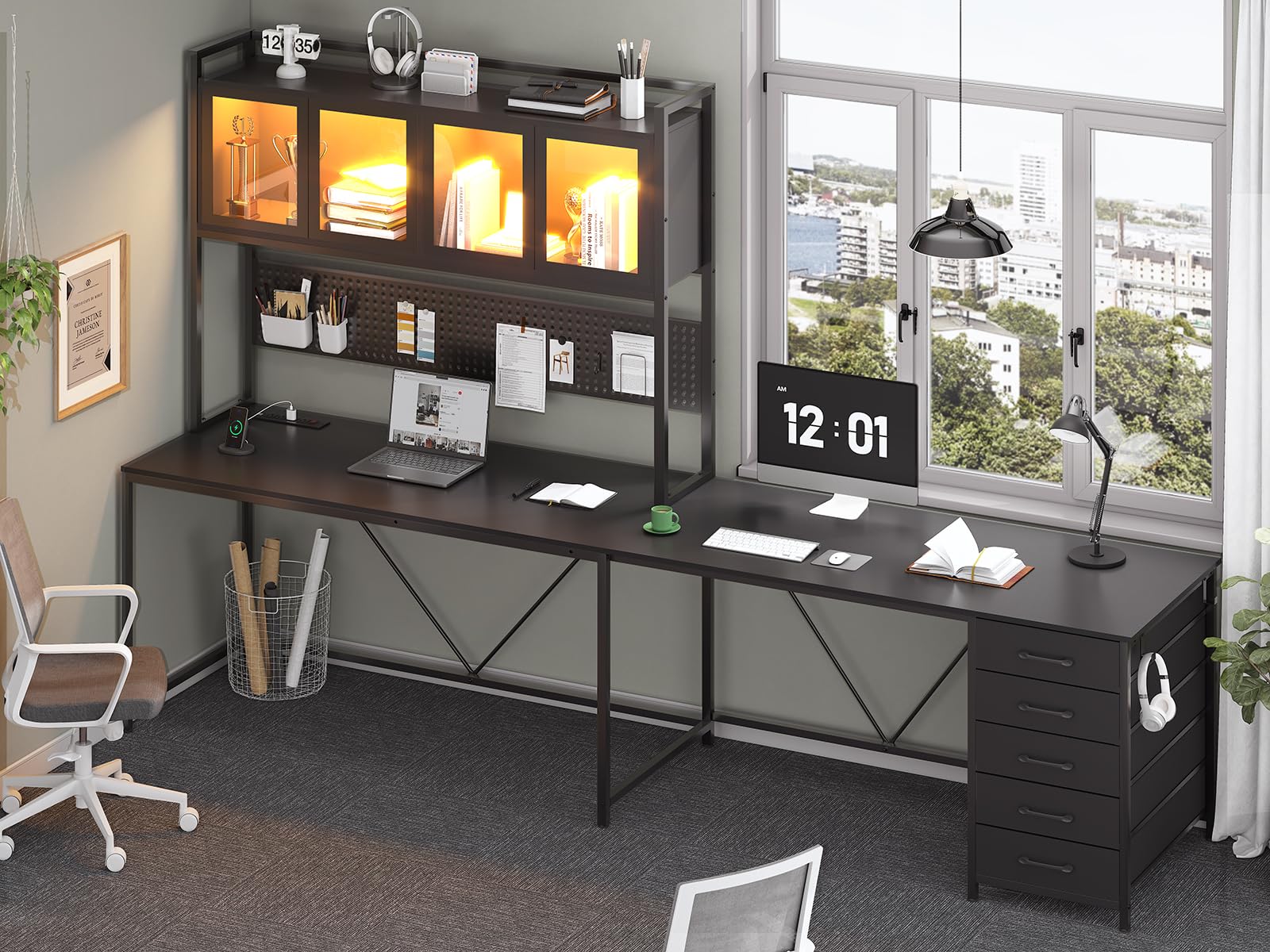 SEDETA L-Shaped Gaming Desk with Drawers, Hutch & Storage Shelves - Black Corner Computer Desk with Pegboard, LED Lights & Power Outlet for Home Office | Perfect for Gaming Setup, Workstation & Small Space Organization