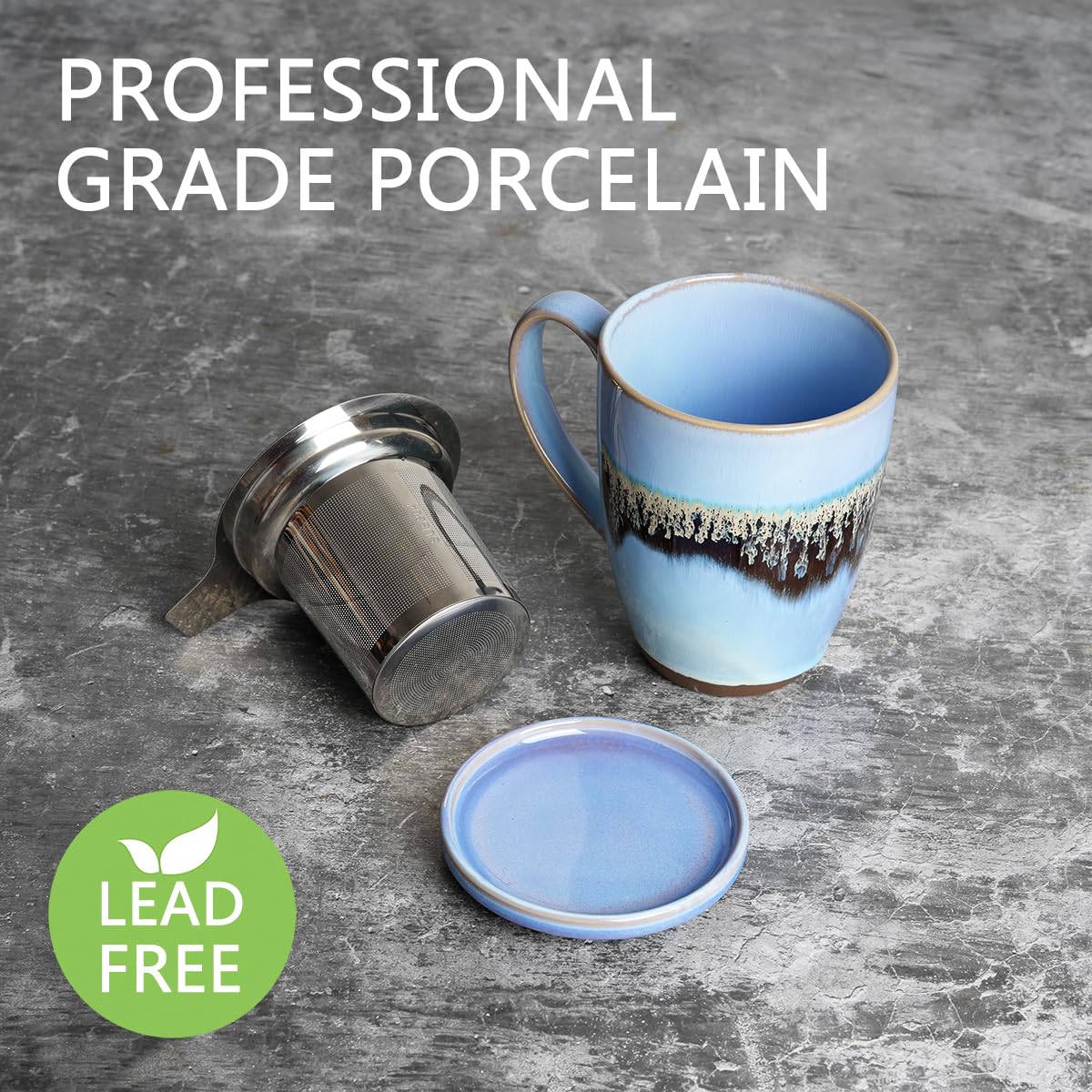 Bosmarlin 13.5 Oz Ceramic Tea Cup with Infuser & Lid - Loose Leaf Tea Steeper Mug with Built-in Strainer - Microwave & Dishwasher Safe Reactive Glaze Teacup (Light Blue) - Perfect for Home, Office & Gift Giving
