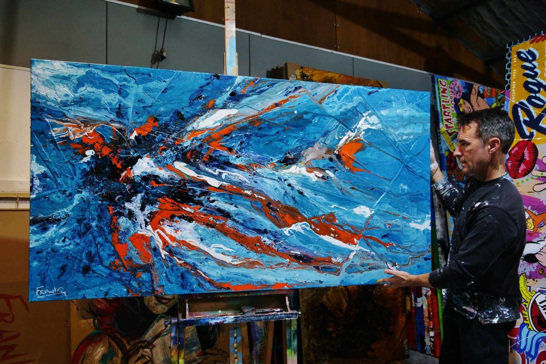 Blue and Orange Textured Abstract Canvas Painting - 190cm x 100cm Modern Wall Art for Living Room, Bedroom & Office Decor | Aqua Duct