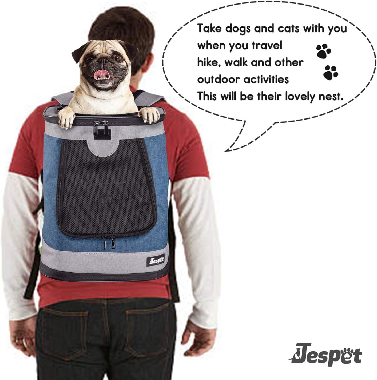JESPET & GOOPAWS Pet Carrier Backpack for Small Dogs & Puppies - Lightweight, Breathable & Comfortable Travel Backpack for Hiking, Walking, Airplane, Outdoor Adventures with Your Pet (Blue Grey) - Perfect for Daily Commutes, Vet Visits & Family Outings