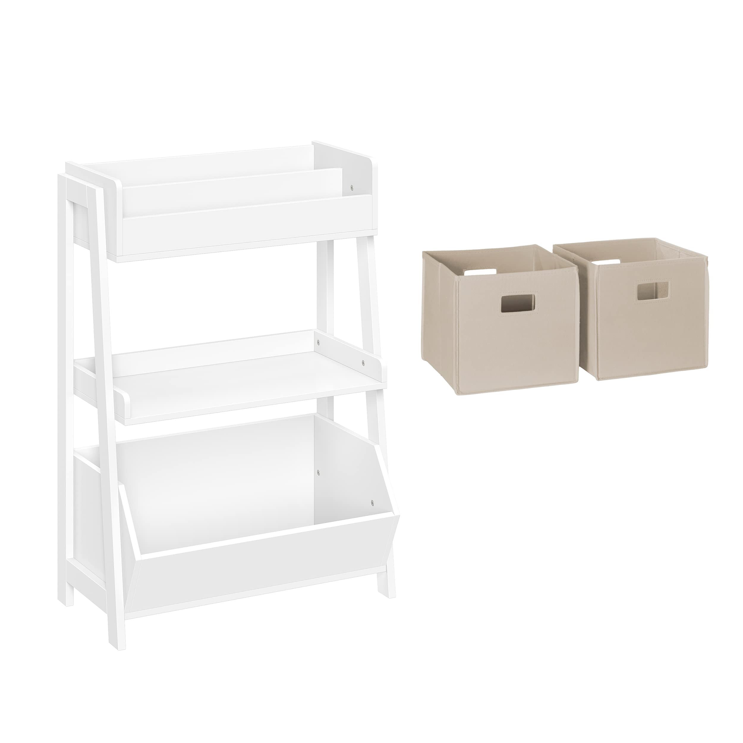 RiverRidge 3-Tier Wooden Ladder Shelf - Toy Organizer, Book Storage with 2 Taupe Fabric Bins & Open Bin - Space Saving Kids Room Decor, Nursery Organization, Living Room Display Shelf