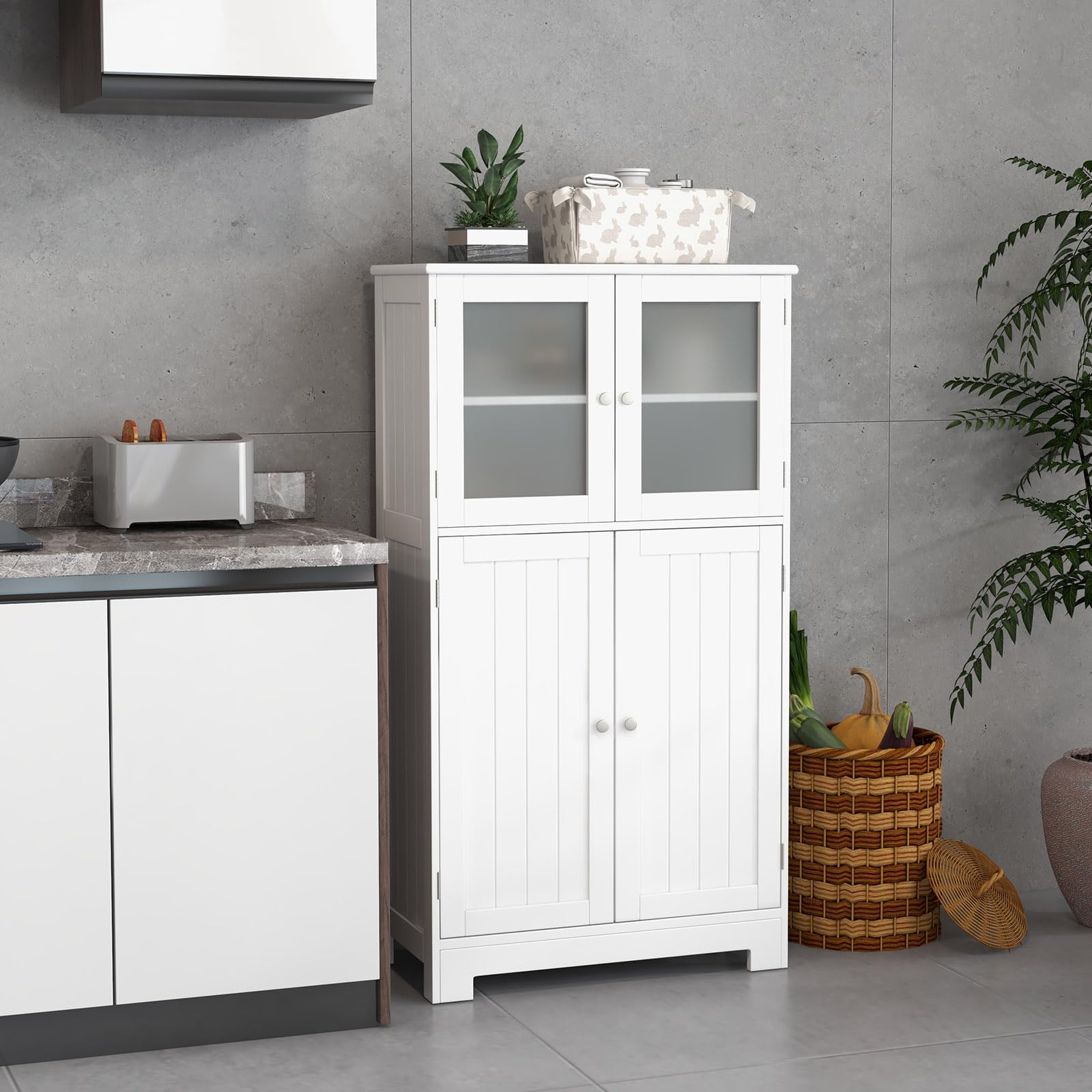 LOKO White Bathroom Floor Cabinet with Glass Doors - Wooden Storage Cabinet with Adjustable Shelf for Bathroom, Kitchen & Living Room - Perfect for Organizing Towels, Dishes & Home Decor Items