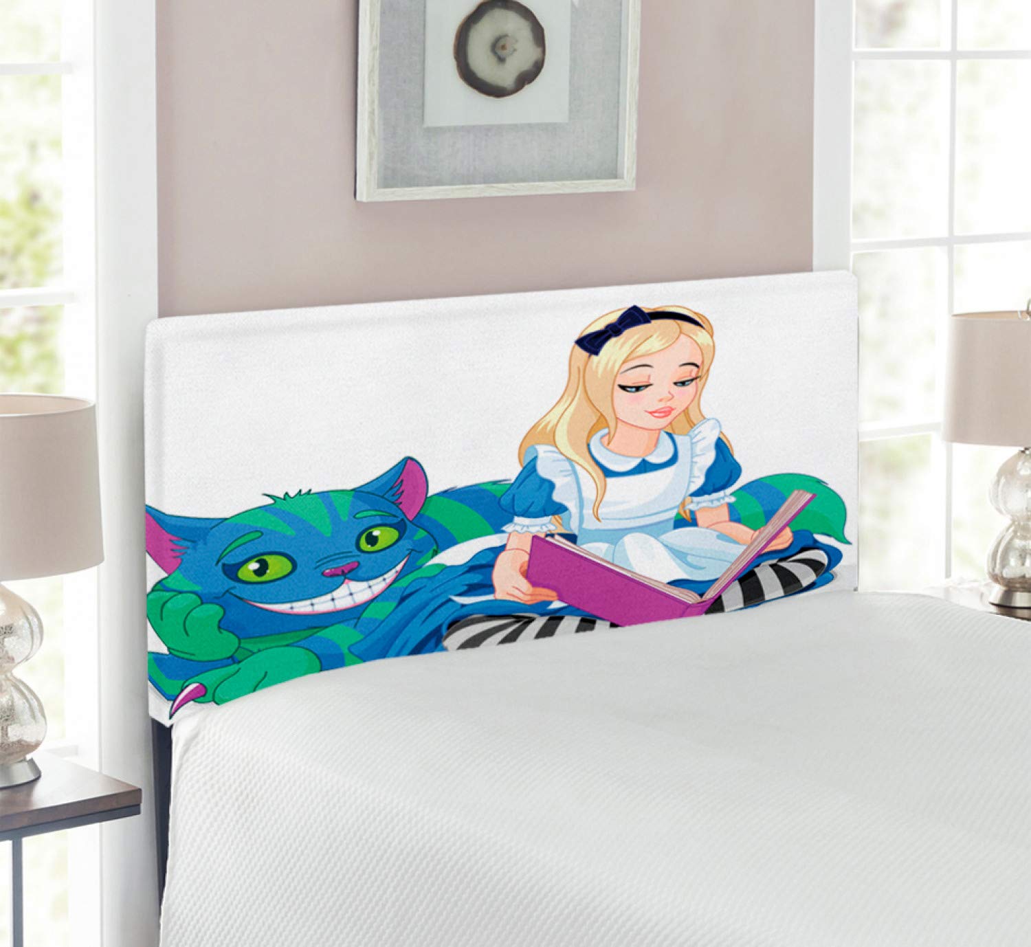 Ambesonne Alice in Wonderland Upholstered Headboard - Twin Size Colorful Character Design with Memory Foam | Decorative Metal Bed Frame for Kids & Teens Room | Perfect for Fantasy Themed Bedrooms & Whimsical Decor