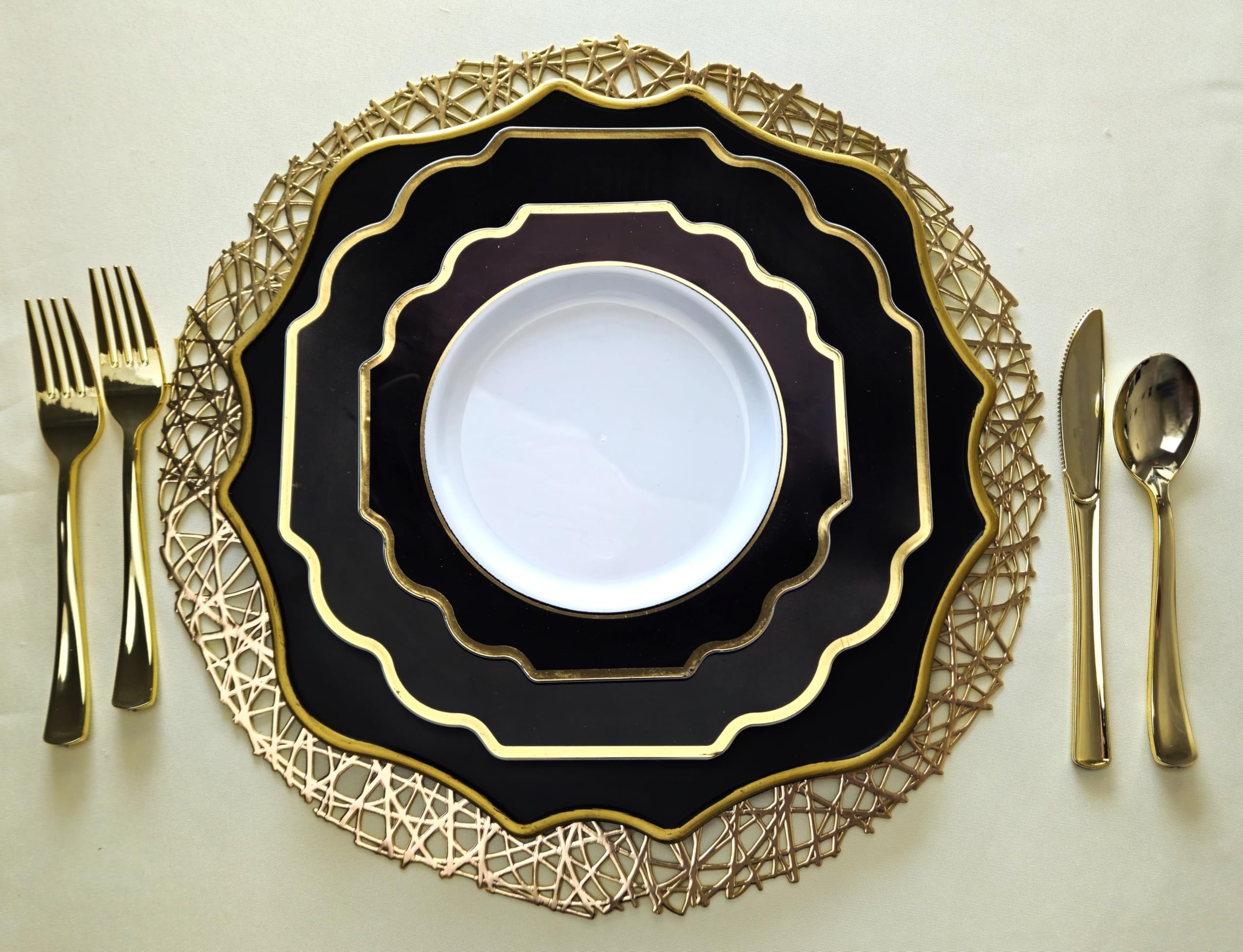 120-Pack Heavyweight Disposable Plastic Plates - 8'' Appetizer & Dessert Plates for Weddings, Parties & Events (White/Black & Gold) - Perfect for Birthday Celebrations, Baby Showers & Holiday Gatherings