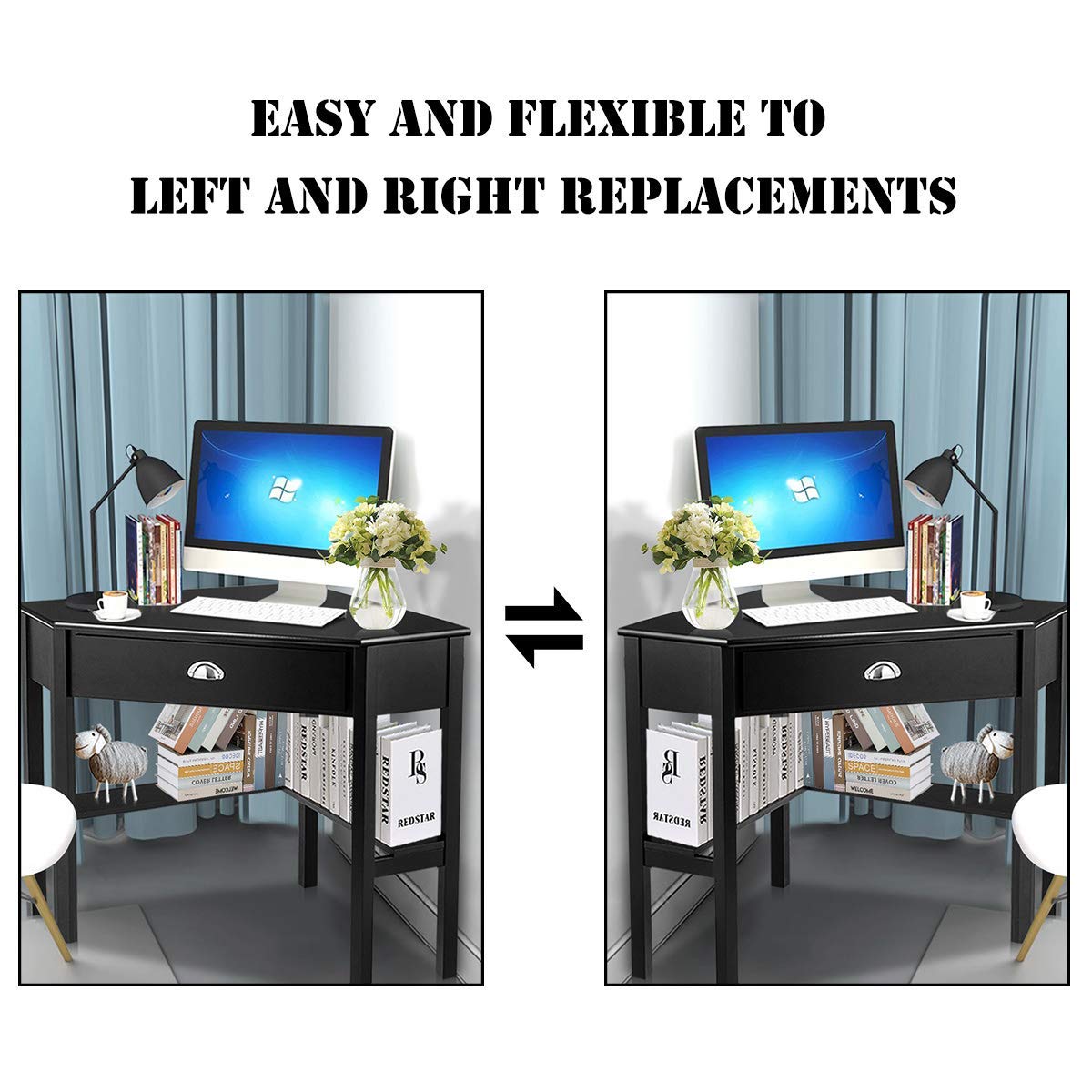 Tangkula Corner Desk with Drawer & Storage Shelves - 90° Triangle Computer Desk for Small Spaces, Home Office & Makeup Vanity | Compact Workspace Solution for Apartments, Dorms & Bedrooms