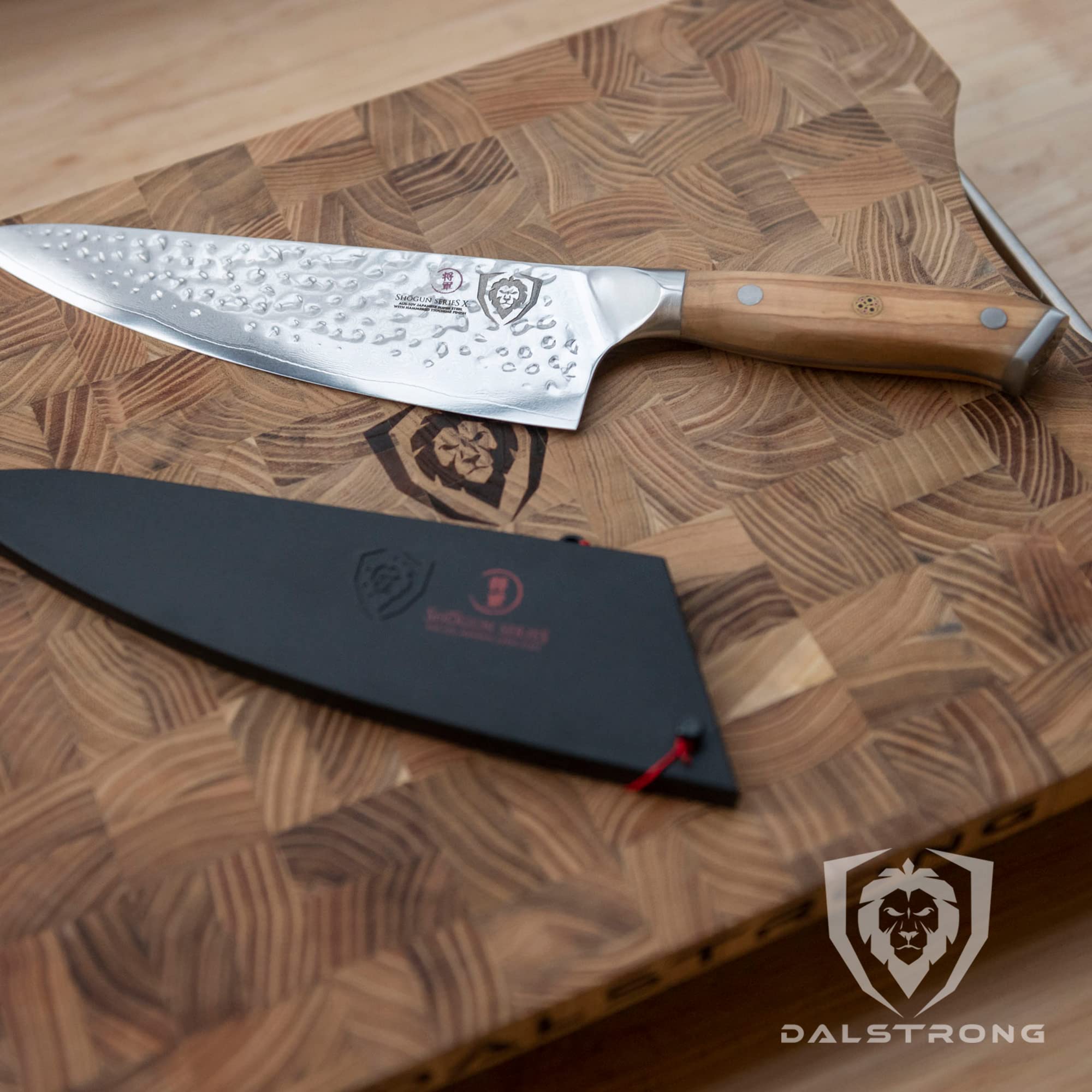 Dalstrong Shogun Series 8-inch Chef Knife - Japanese AUS-10V Super Steel Kitchen Knife with Olive Wood Handle & Damascus Pattern - Razor Sharp Professional Full Tang Knife with Sheath - Perfect for Slicing, Dicing & Precision Cooking