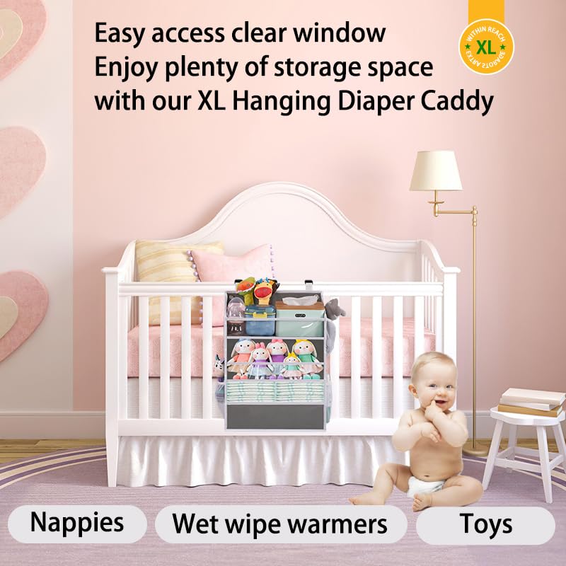 WishJazz Hanging Diaper Caddy Organizer - Baby Diaper Storage for Nursery, Changing Table & Playpen - Holds 90+ Diapers, Wipes & Essentials - Perfect for Newborn Care & Nursery Organization (Gray)