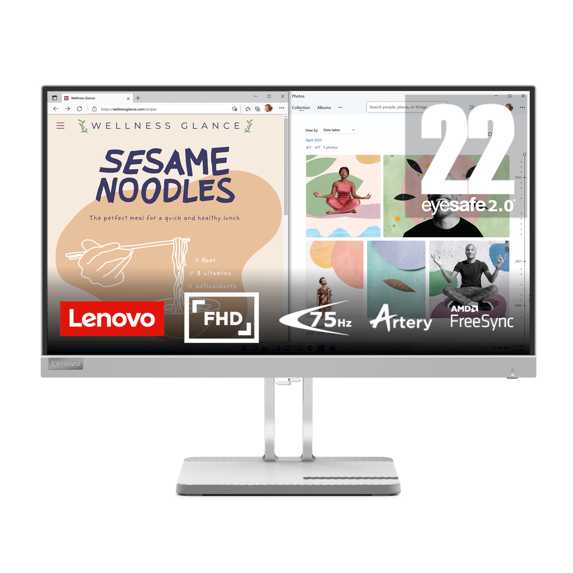 Lenovo L22e-40 21.45 Inch Full HD Monitor - 1920x1080 Resolution, 250 Nits Brightness, 75Hz Refresh Rate with AMD FreeSync, HDMI & VGA Ports, Adjustable Tilt Stand, Low Blue Light Technology (Cloud Grey) - Perfect for Home Office, Gaming & Productivity