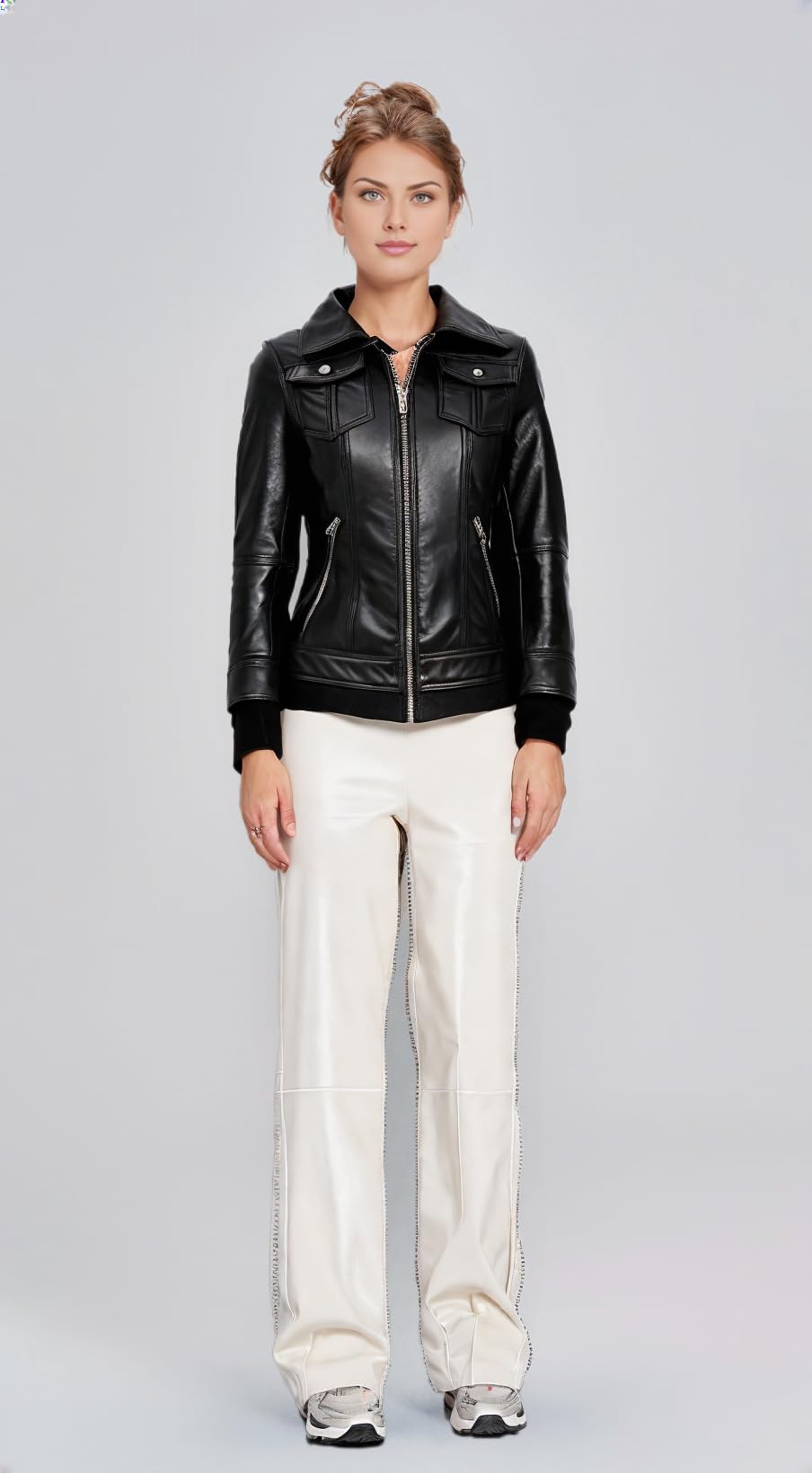 VearFit Women's Genuine Leather Bomber Jacket with Removable Hood - Stylish Outerwear for Casual Wear, Night Out, and Travel