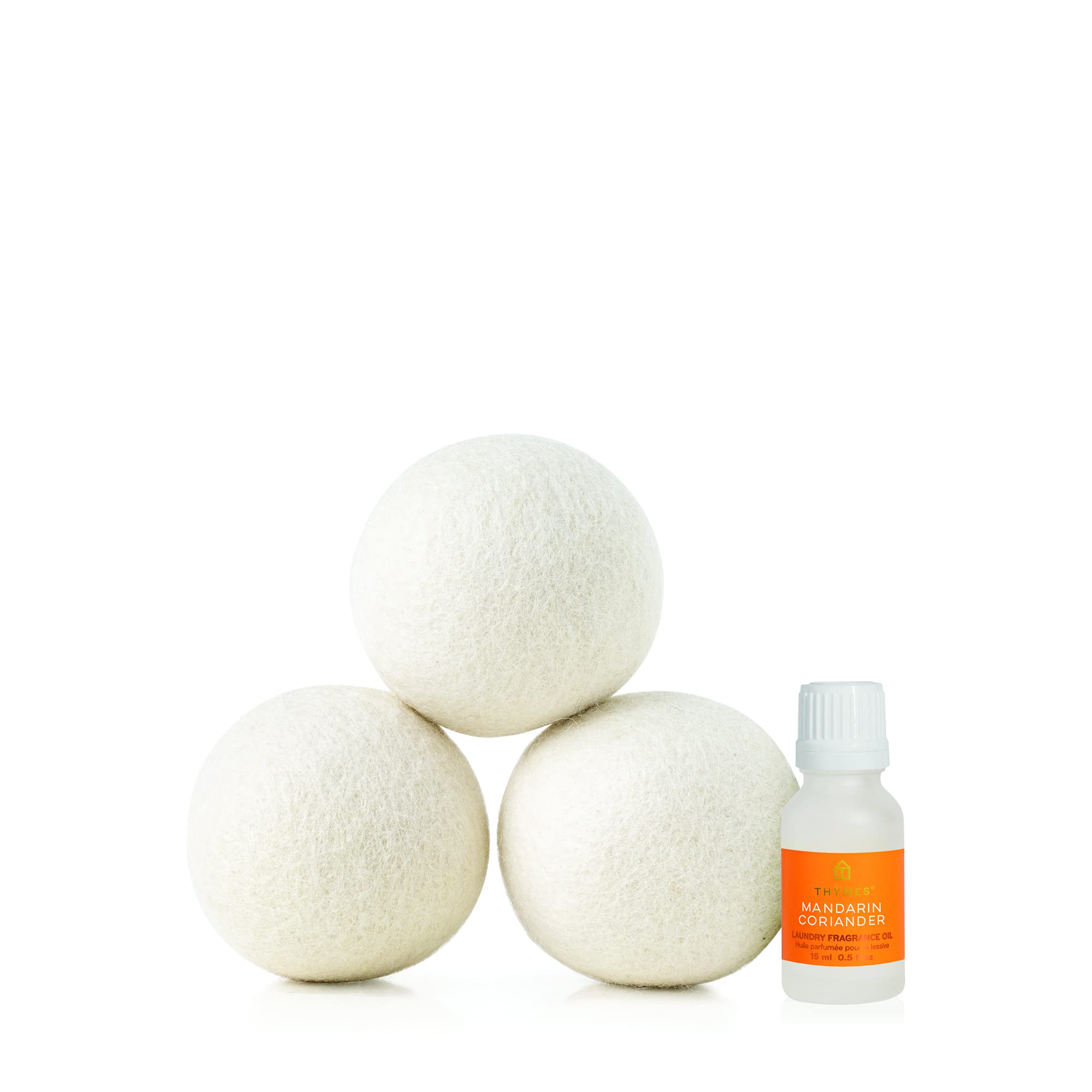 Thymes Wool Dryer Balls Set of 3 - Natural Fabric Softener with Scented Laundry Oil (Mandarin Coriander 0.5oz) - Reduce Static, Wrinkles & Lint - Eco-Friendly for Clothes Dryer - Perfect for Laundry, Baby Clothes & Sensitive Skin