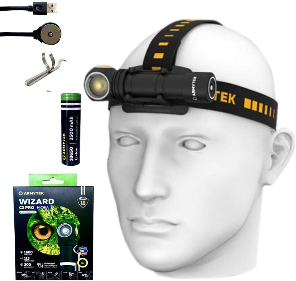 Armytek Wizard C2 Pro Nichia Warm LED Flashlight - 1600 Lumens with Magnetic USB Charger & 3500mAh Battery | Premium Value Bundle for Camping, Hiking & Emergency Use