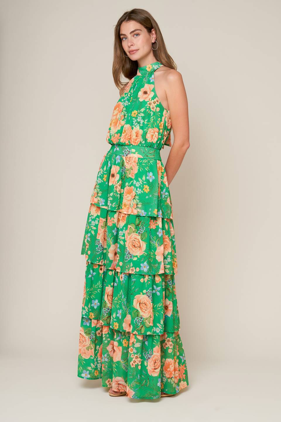 Porcelain Bloom Green Floral Halter Maxi Dress - Elegant Summer Beach Wedding Party Outfit for Women