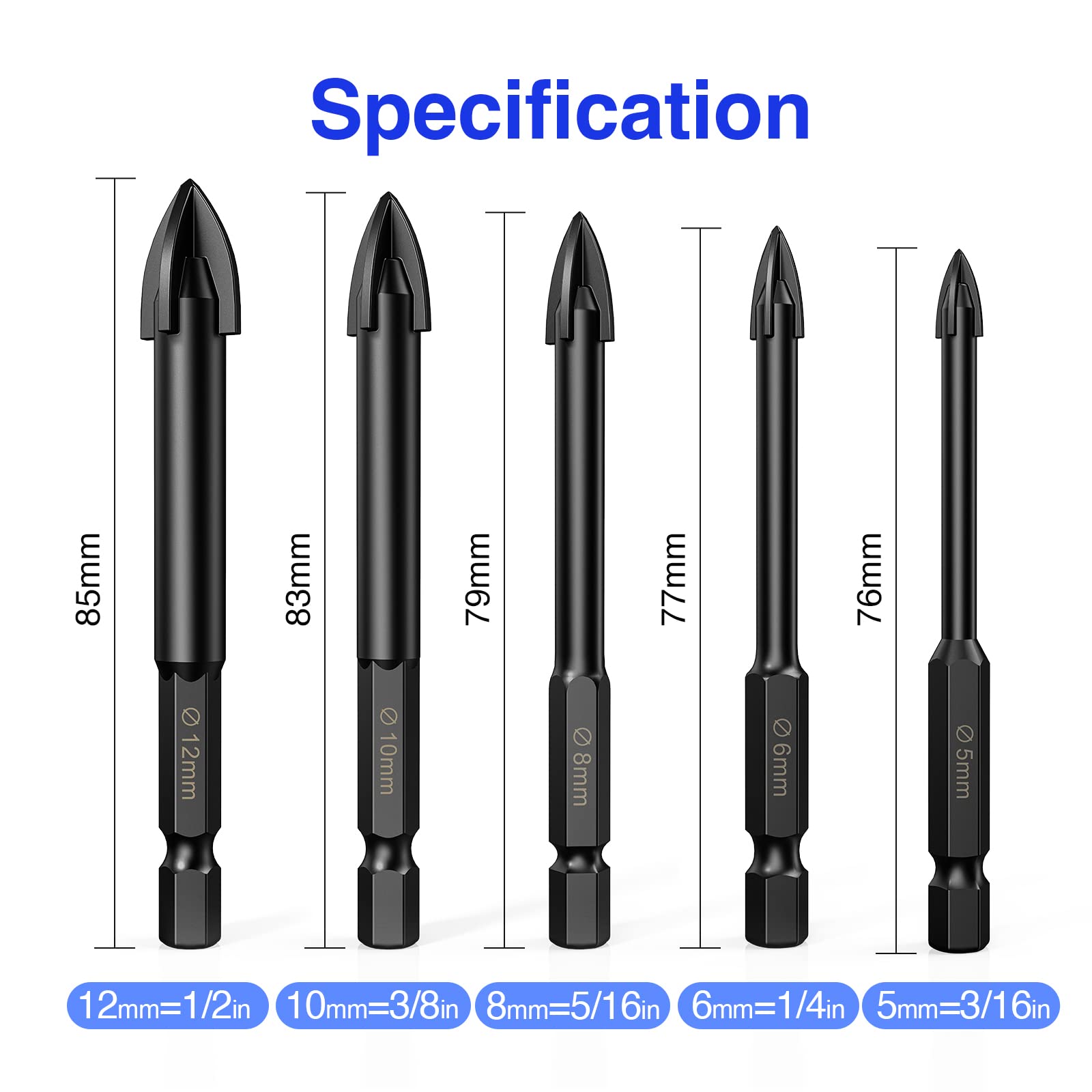 YG6X Tungsten Carbide Masonry Drill Bit Set - 5 Pcs 1/4