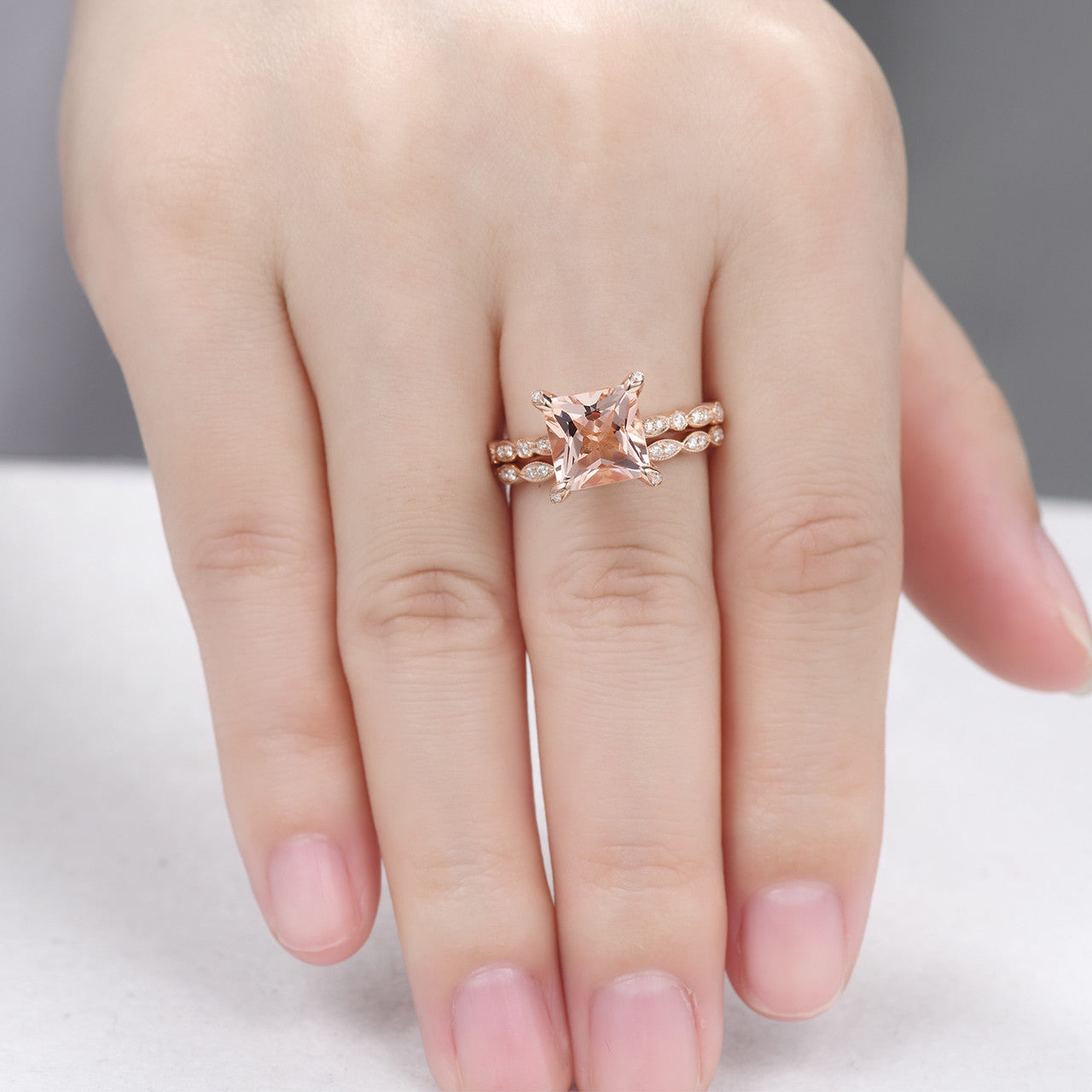 14K Rose Gold Princess Cut Morganite Hidden Diamond Halo Wedding Ring Set - Elegant Bridal Jewelry for Engagement, Proposal & Anniversary Gifts