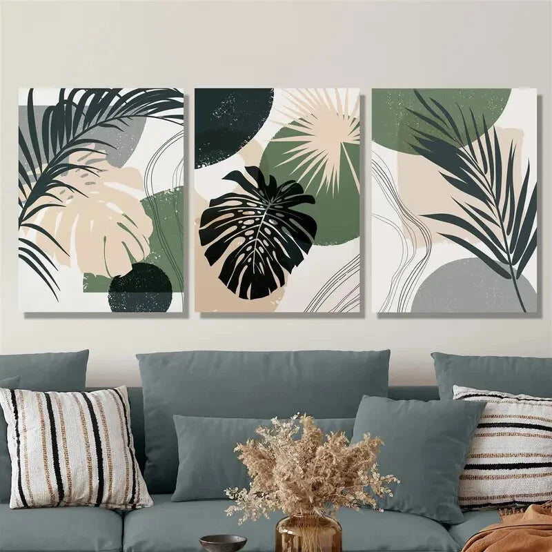 3-Piece Tropical Palm Leaves Geometric Line Metal Wall Art - Ready to Hang Modern Home Decor for Living Room, Bedroom & Office