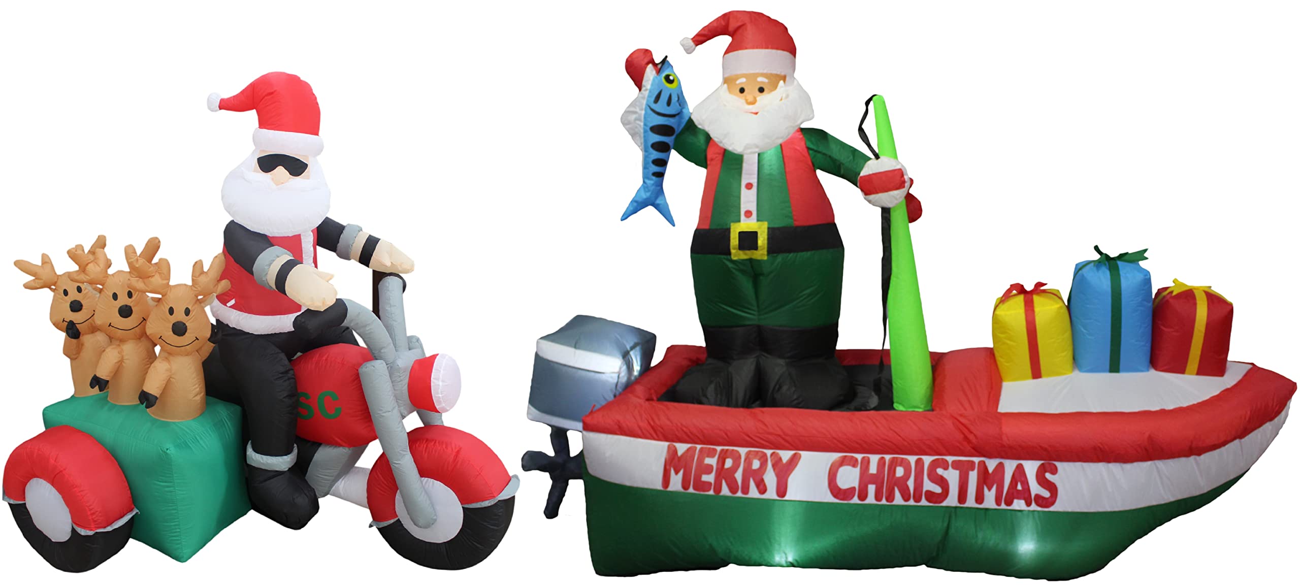 6ft & 8ft Inflatable Christmas Decorations Set - Santa Claus on Motorcycle with 3 Reindeers & Santa Fishing Boat - Outdoor Holiday Party Decor for Yard, Lawn, and Home - Perfect for Christmas Celebrations, Family Gatherings, and Neighborhood Decorations