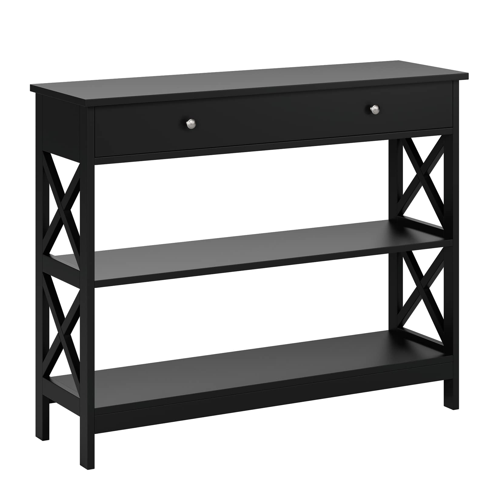 3-Tier Narrow Wood Console Table with Drawer & Open Shelves - X-Shaped Sofa Table for Hallway, Entryway & Living Room - Easy Assembly (39.4
