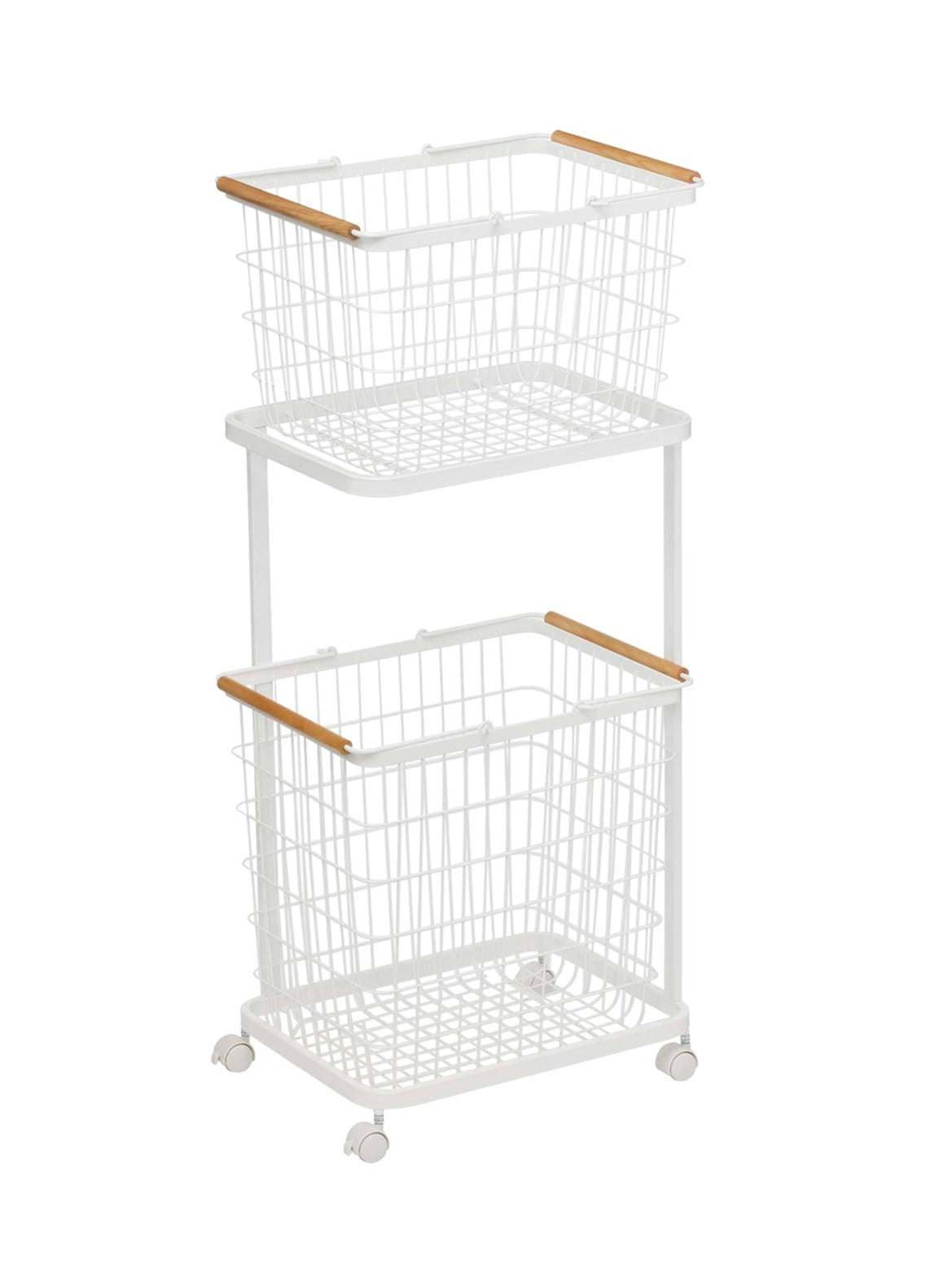 Sturdy Rolling Laundry Cart with 3 Wire Baskets - Steel Frame & Wooden Top - Perfect for Bedroom, Laundry Room or Dorm Organization