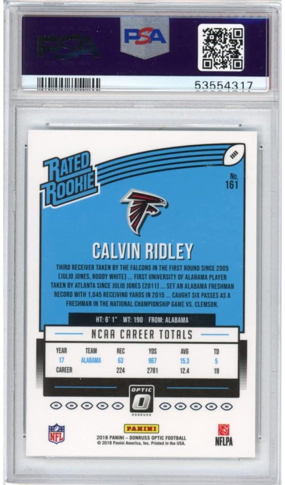 2018 Panini Donruss Optic Calvin Ridley #161 Rookie RC Football Card PSA 10 Gem Mint - Rare Collectible for Sports Memorabilia & Investment - Perfect for Display, Trading Cards Collection, and Football Fans Gift