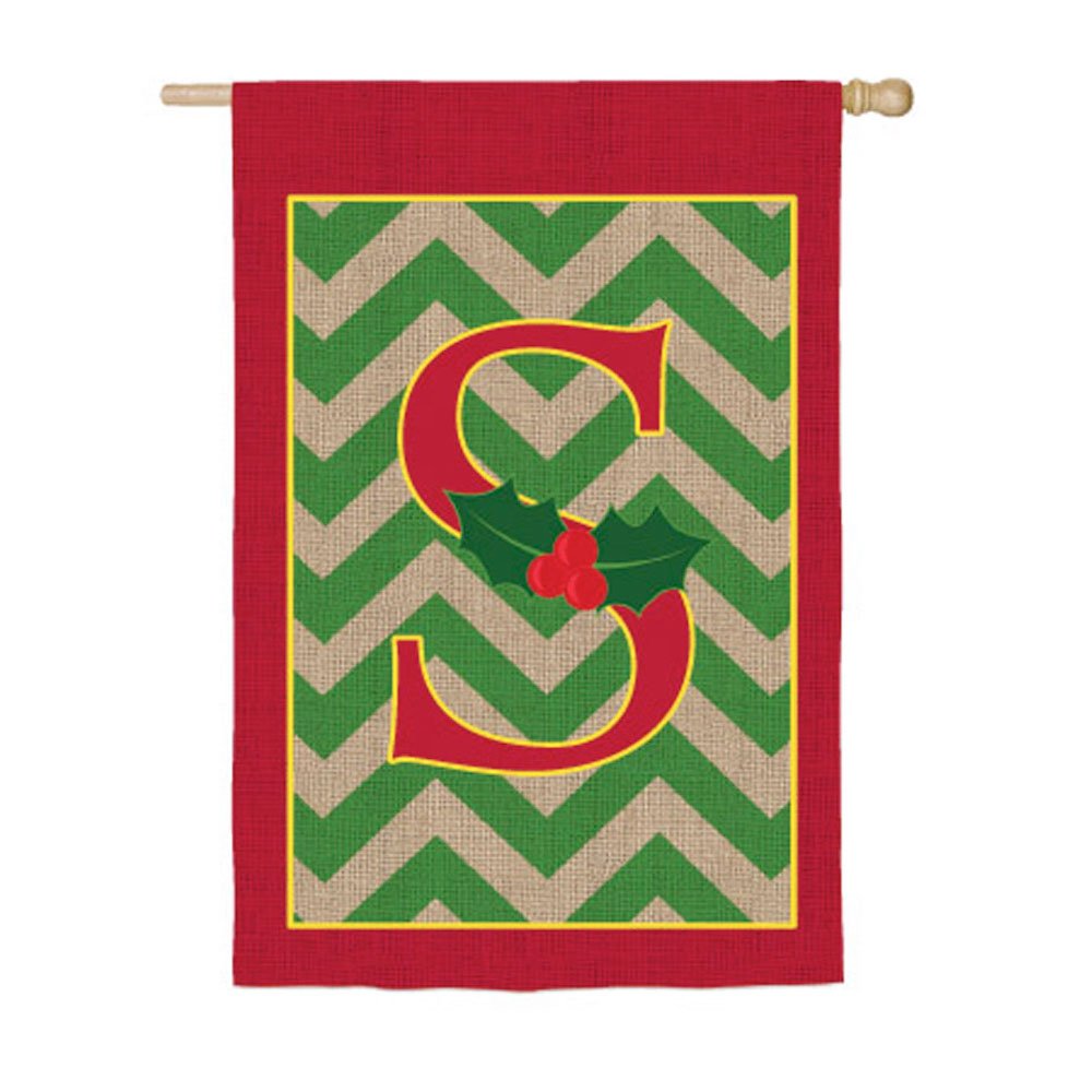 Chevron Stripe Burlap Holly Monogram S House Flag - Personalized Outdoor Decorative Flag for Front Porch, Garden, and Seasonal Home Decor
