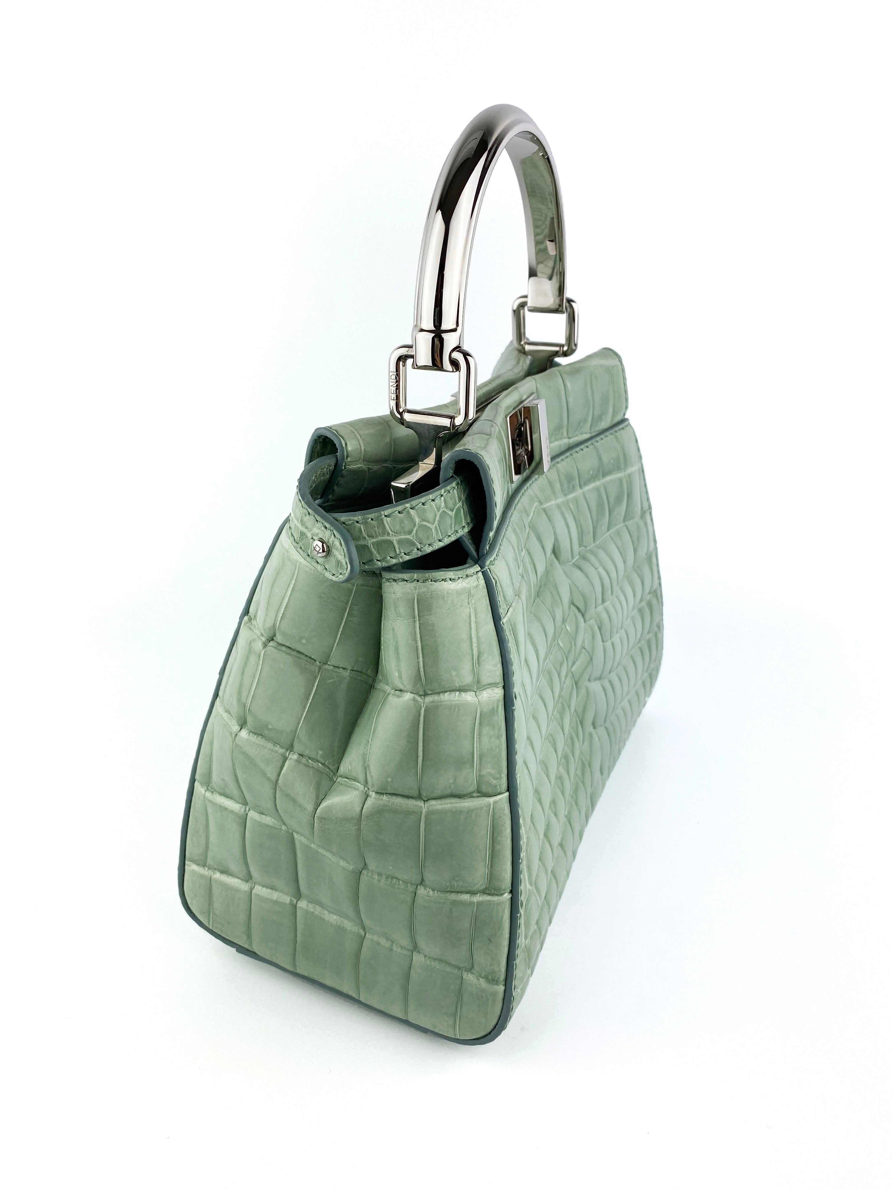 Fendi Peekaboo Mini Handbag in Mint Green Genuine Crocodile Leather - Luxury Crossbody Purse for Women, Perfect for Date Night & Special Occasions