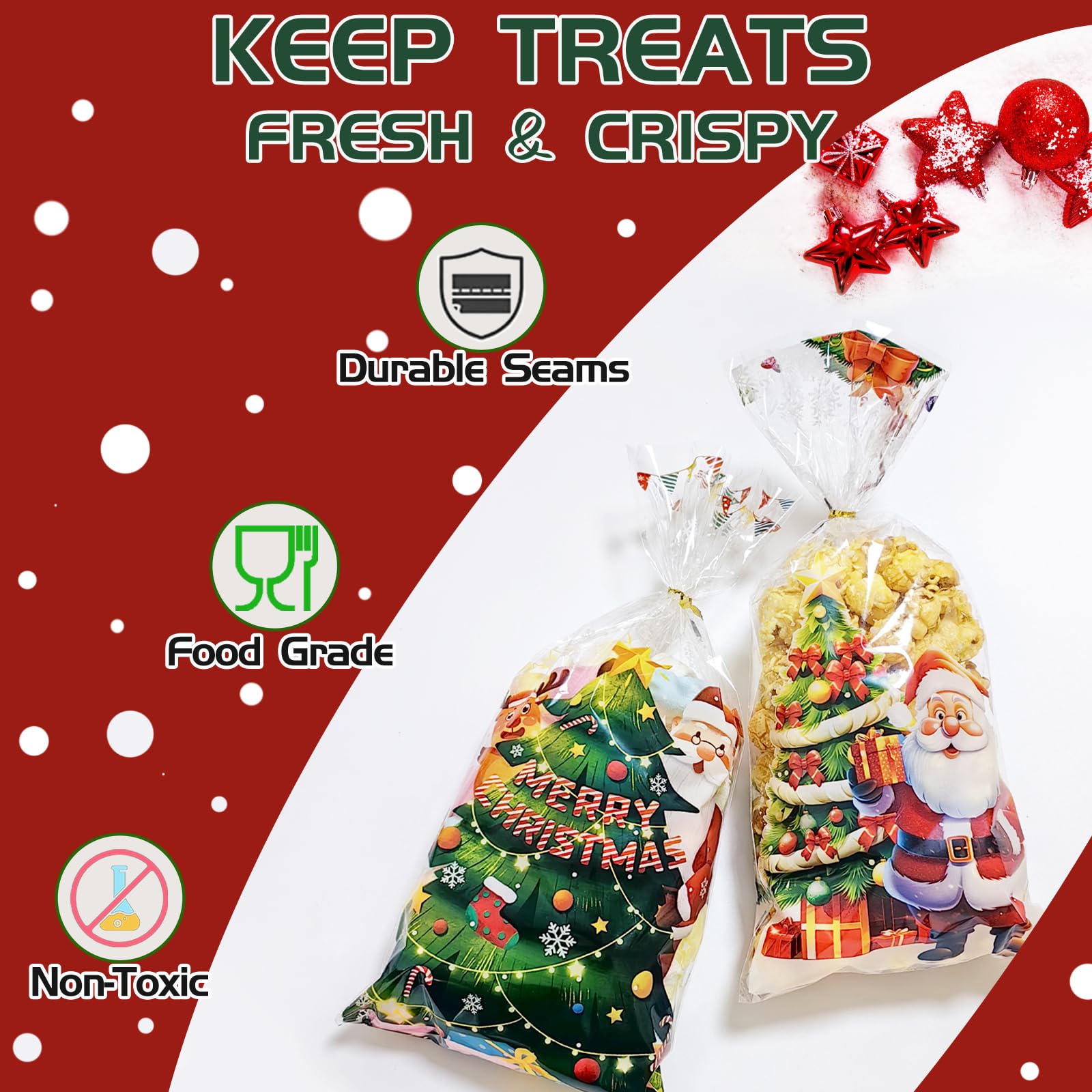 60 PCS Clear Christmas Treat Bags with Ties - Cellophane Candy Bags for Holiday Snacks, Gifts & Party Favors | 4 Styles | Perfect for Christmas Parties, Gift Wrapping & Goodie Bags