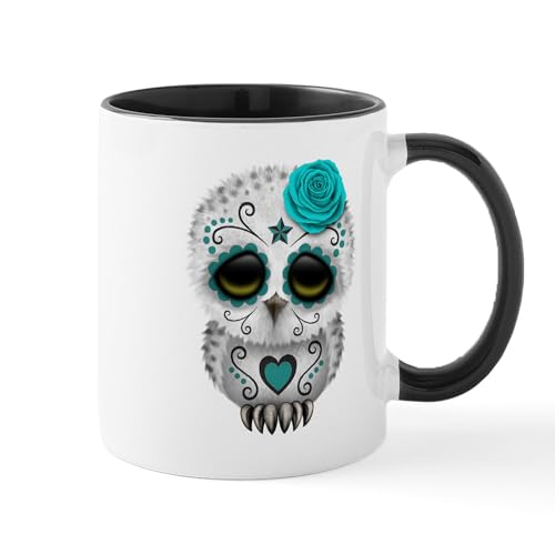 White/Black Inside - Cute Teal Blue Day Of The Dead Sugar Skull Owl Mug