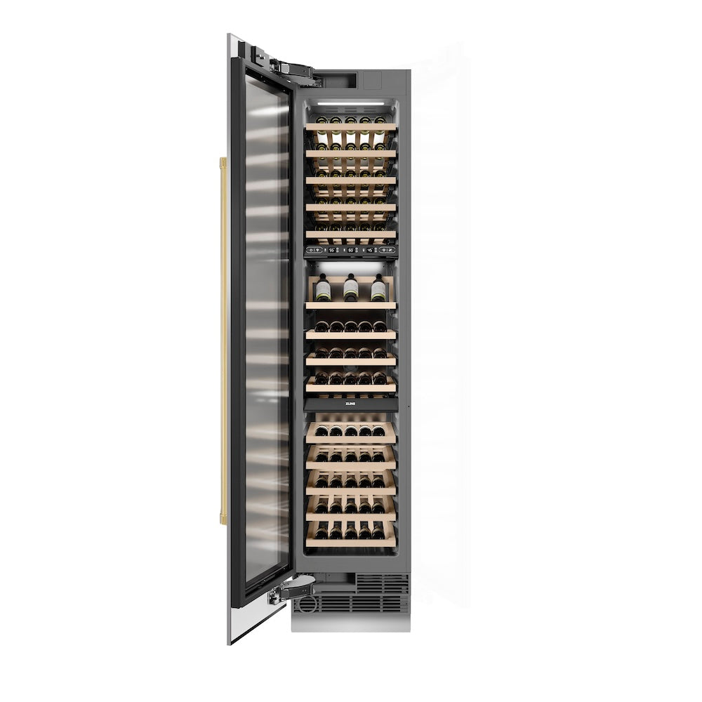 ZLINE Autograph Edition 18-Inch 9.0 cu. ft. Triple Zone 68-Bottle Left Hinge Stainless Steel Wine Cooler with Polished Gold Accents - Perfect for Home Bars, Wine Cellars & Entertaining (RCWVLZ 30418 G)