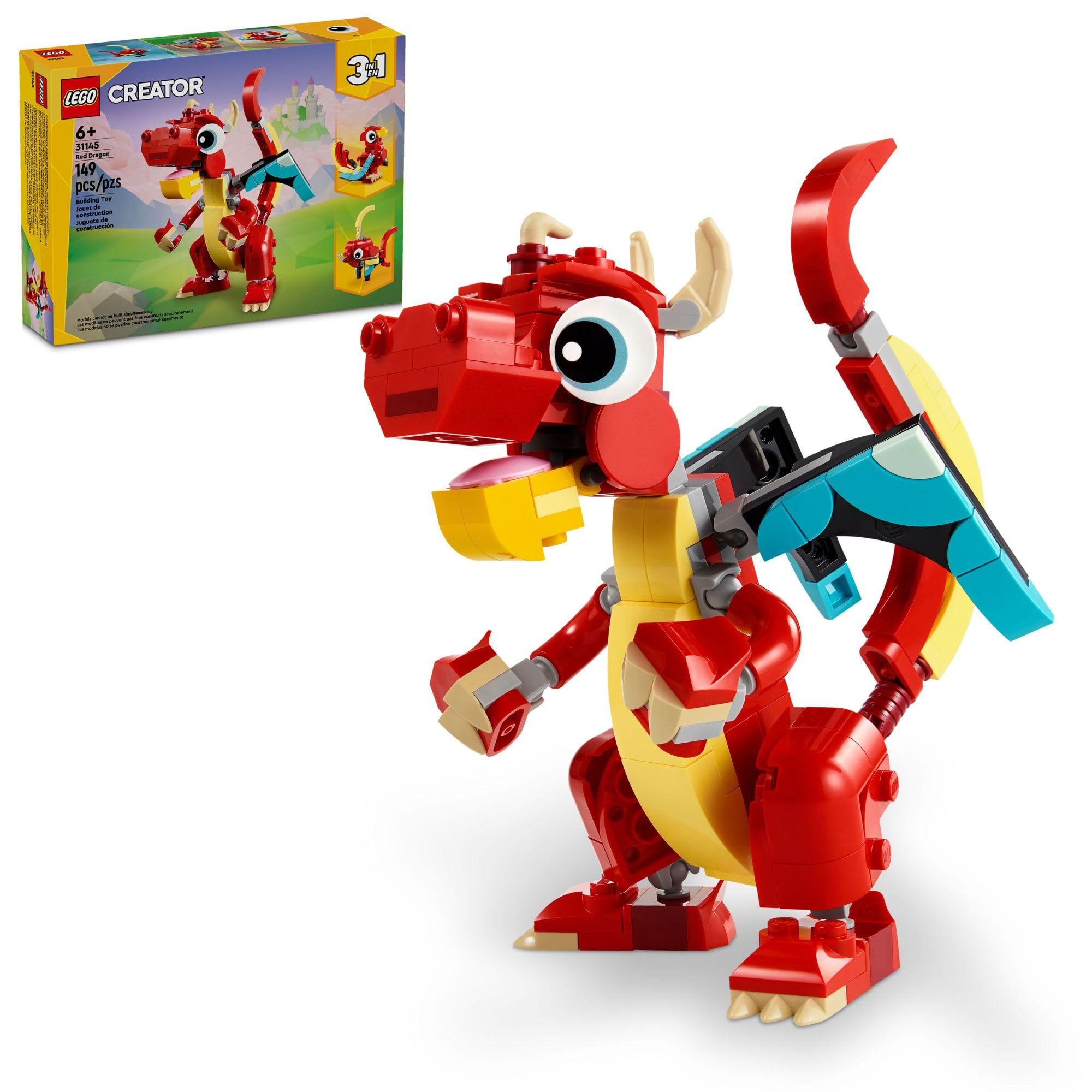 LEGO Creator 3-in-1 Red Dragon Building Toy Set - Transforms into Fish & Phoenix - Creative STEM Toy Gift for Kids Ages 6+ (31145) - Perfect for Imaginative Play, Birthday Gifts & Dragon Lovers