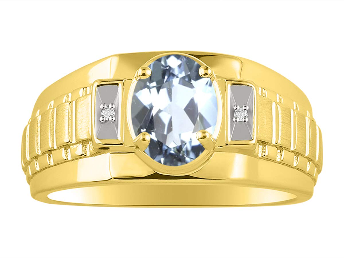 RYLOS Men's Rings - 8X6MM Oval Gemstone & Genuine Diamond Ring in Yellow Gold Plated Silver | Classic Designer Style Birthstone Rings for Men (Size 8-13) | Perfect for Weddings, Anniversaries & Special Occasions